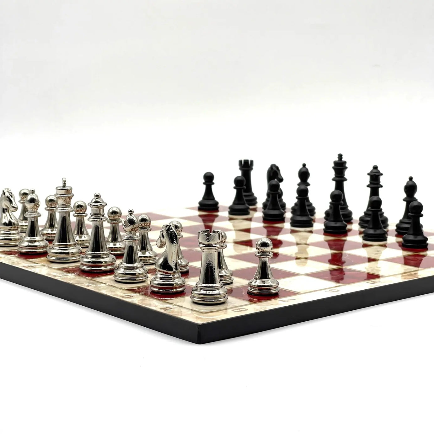 14" Red Marble Pattern Chess Set With Matte Metal Chess Pieces