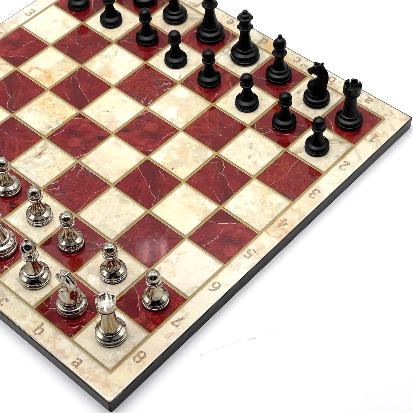 14" Red Marble Pattern Chess Set With Matte Metal Chess Pieces