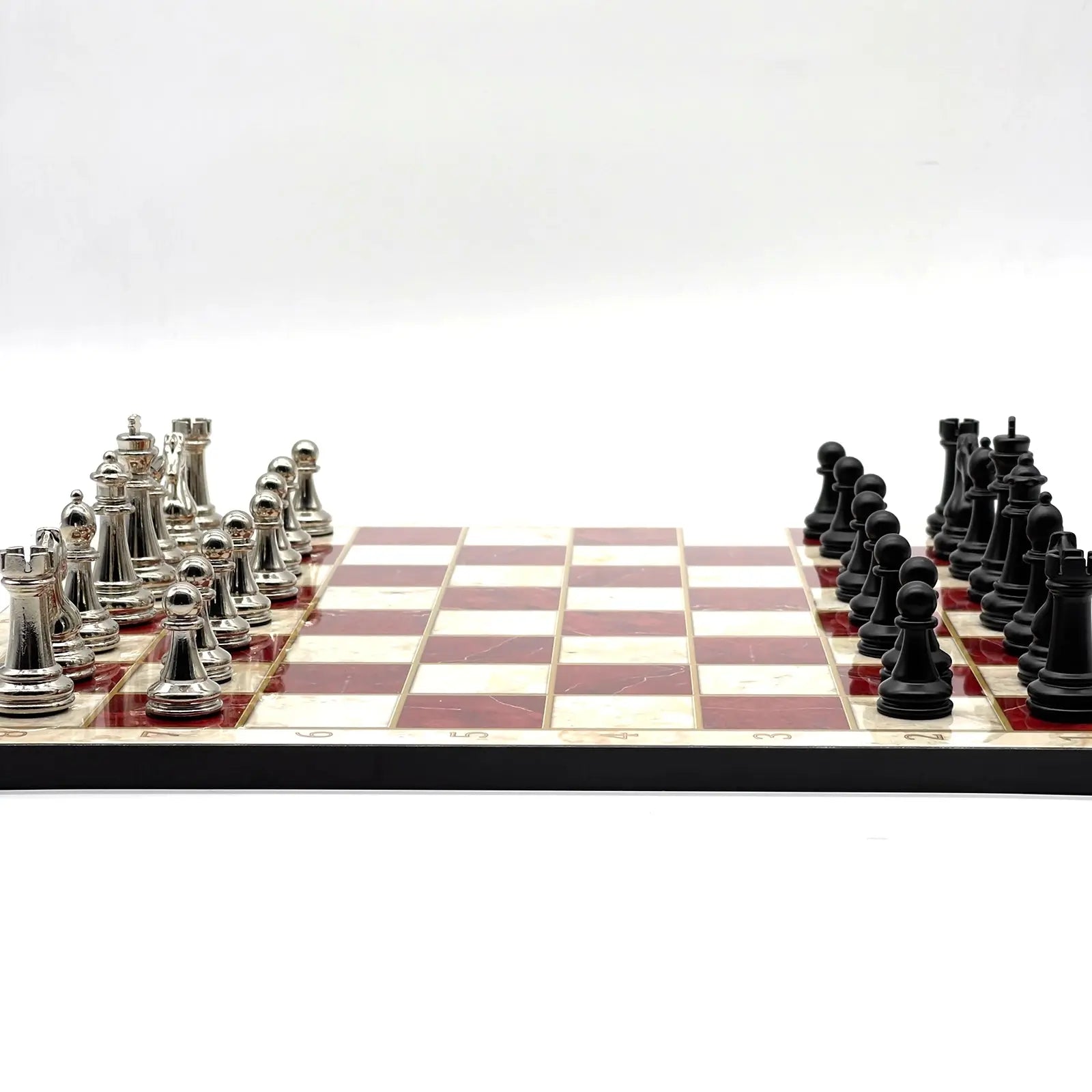 14" Red Marble Pattern Chess Set With Matte Metal Chess Pieces