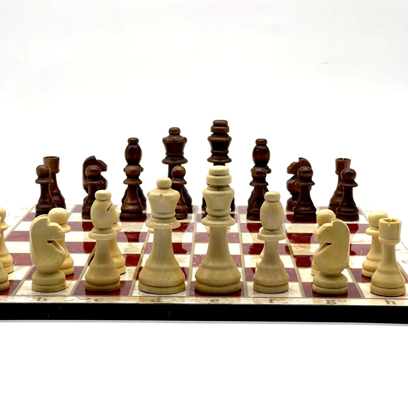 14" Red Marble Patterned Wooden Set With Wooden Chess Pieces Set