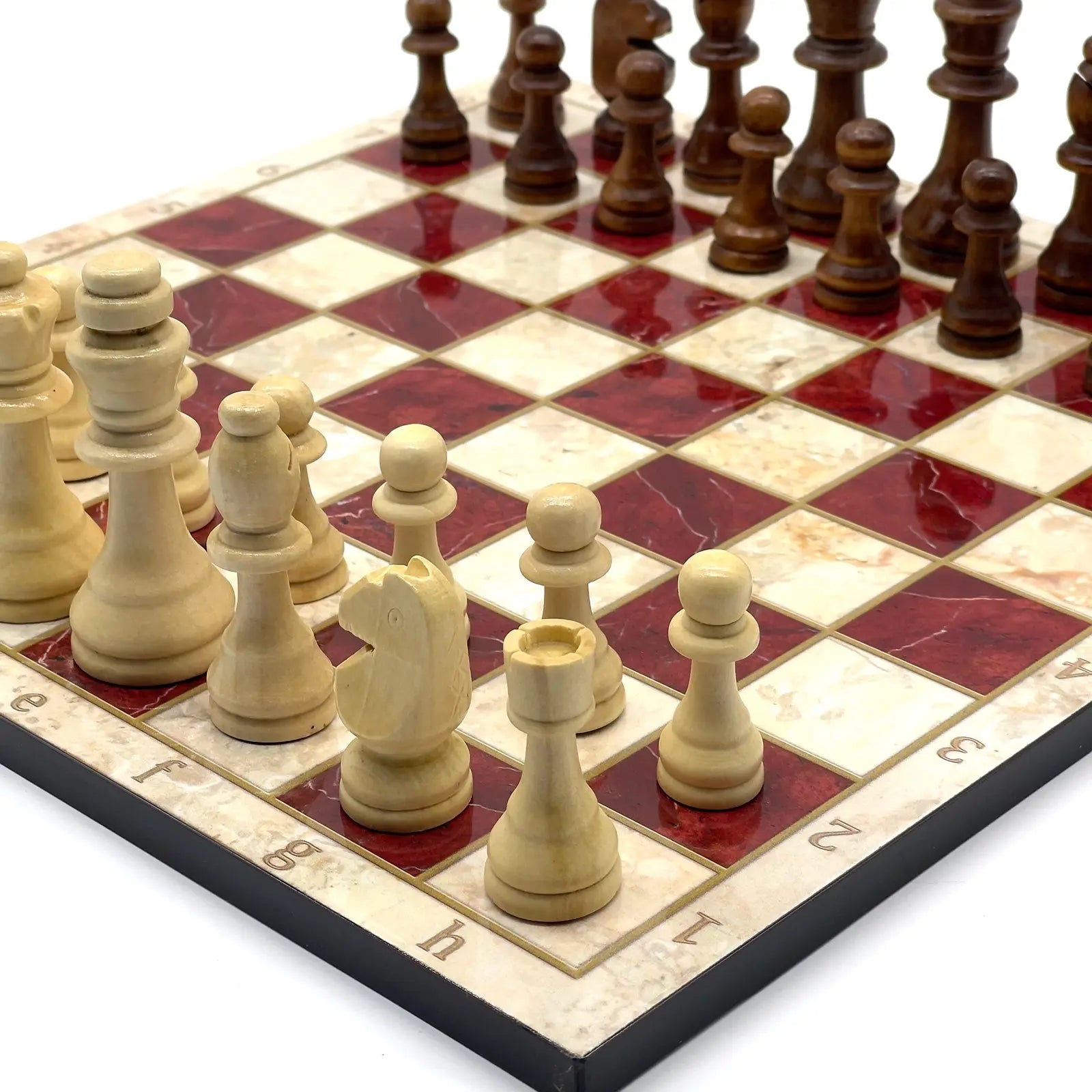 14" Red Marble Patterned Wooden Set With Wooden Chess Pieces Set