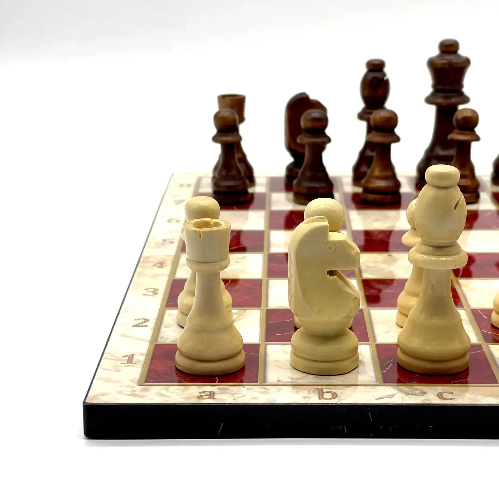 14" Red Marble Patterned Wooden Set With Wooden Chess Pieces Set