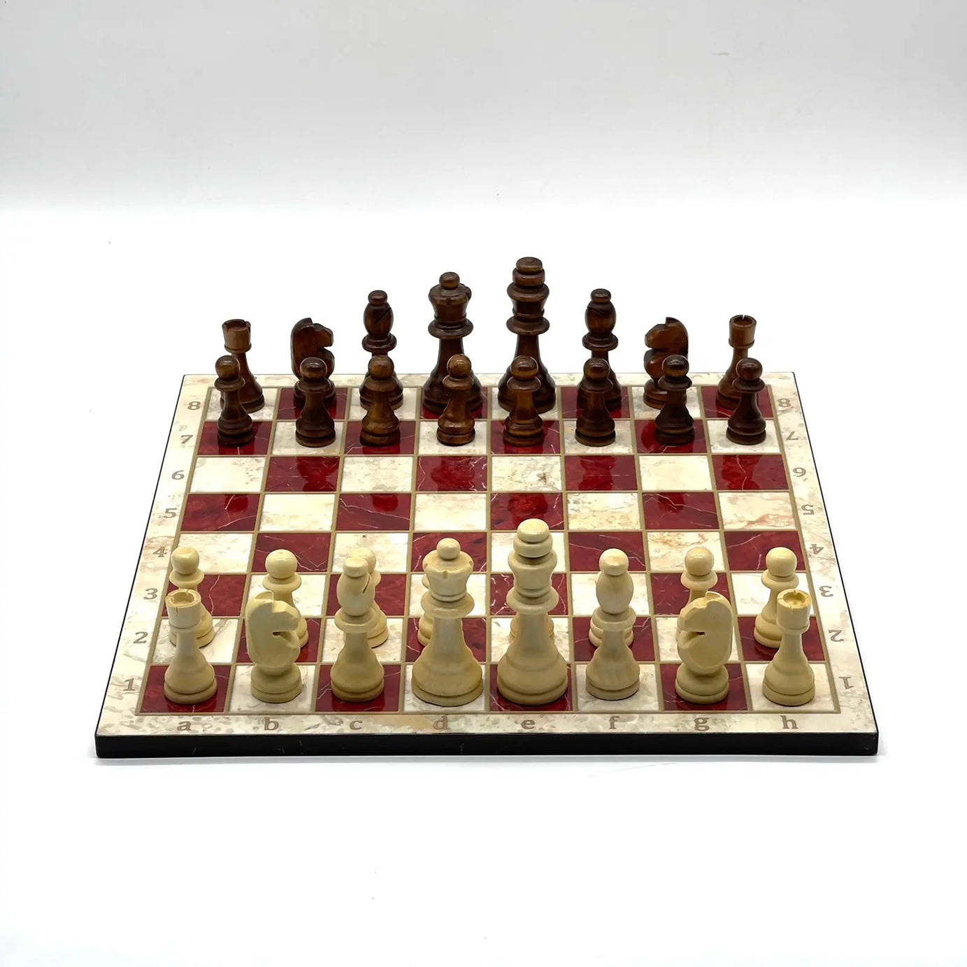 14" Red Marble Patterned Wooden Set With Wooden Chess Pieces Set