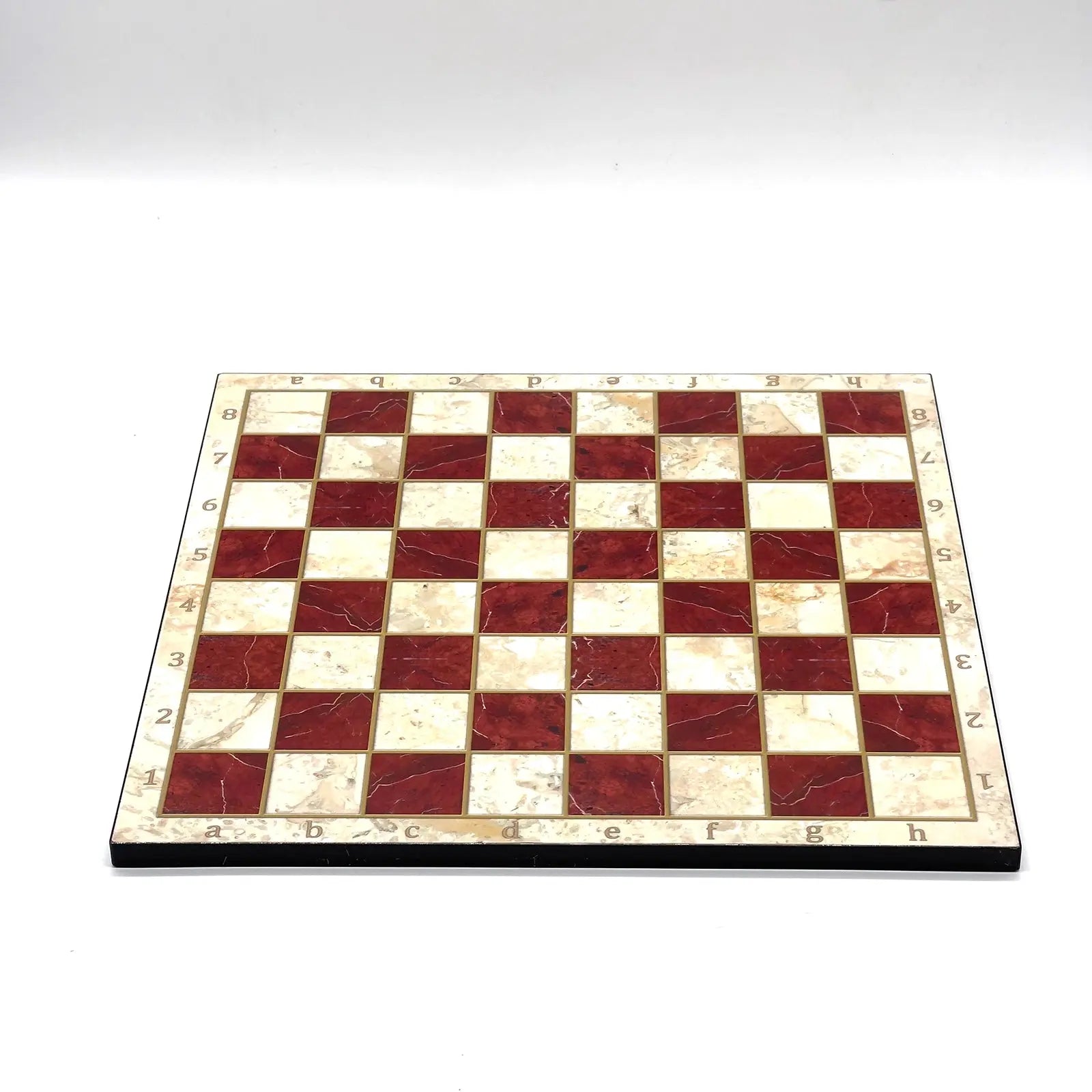 14" Red Marble Patterned Wooden Set With Wooden Chess Pieces Set