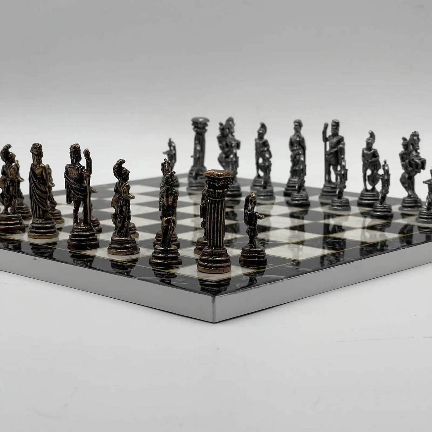 11.8" Black Marble Pattern Chess Set With Crusaders Metal Chess Pieces