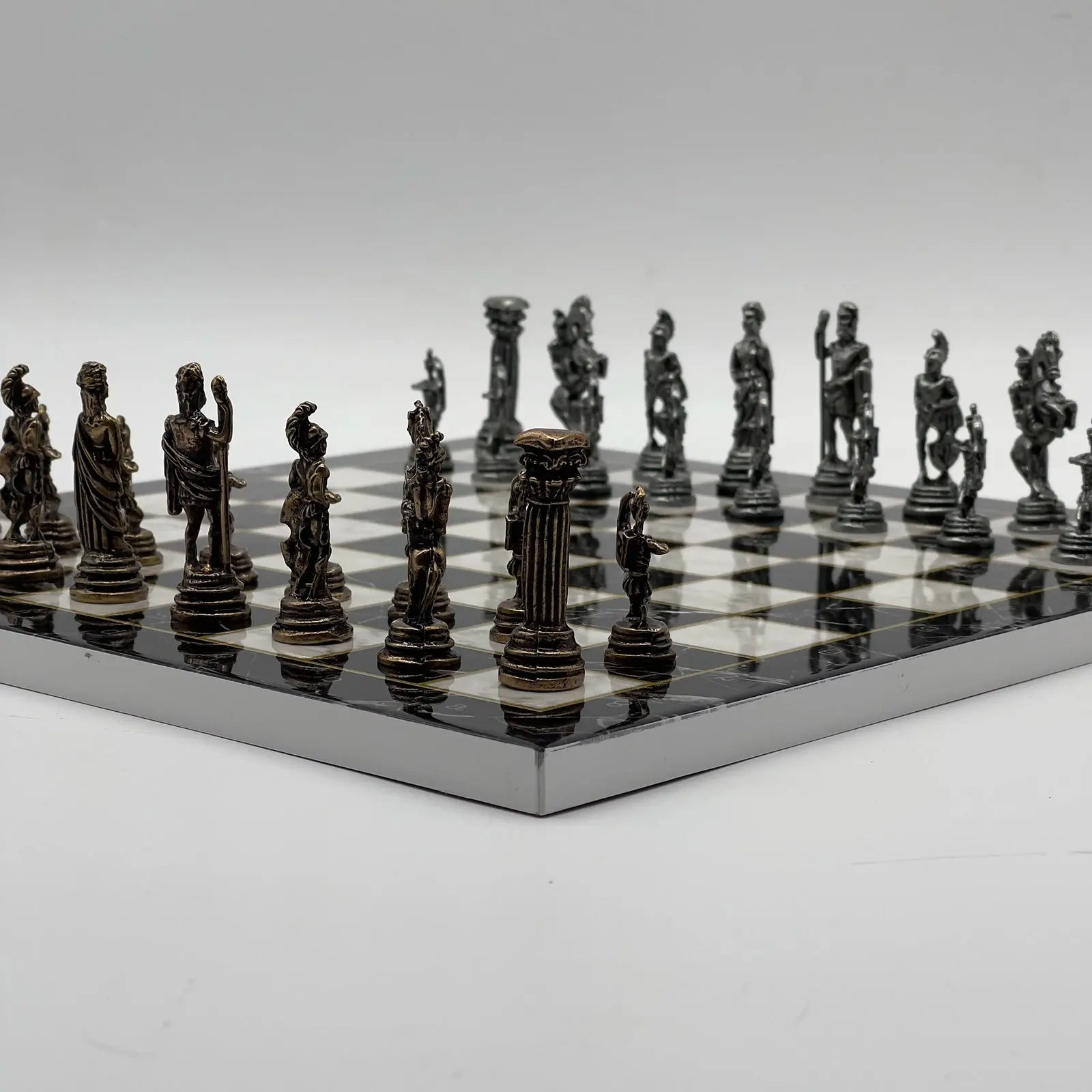 11.8" Black Marble Pattern Chess Set With Crusaders Metal Chess Pieces