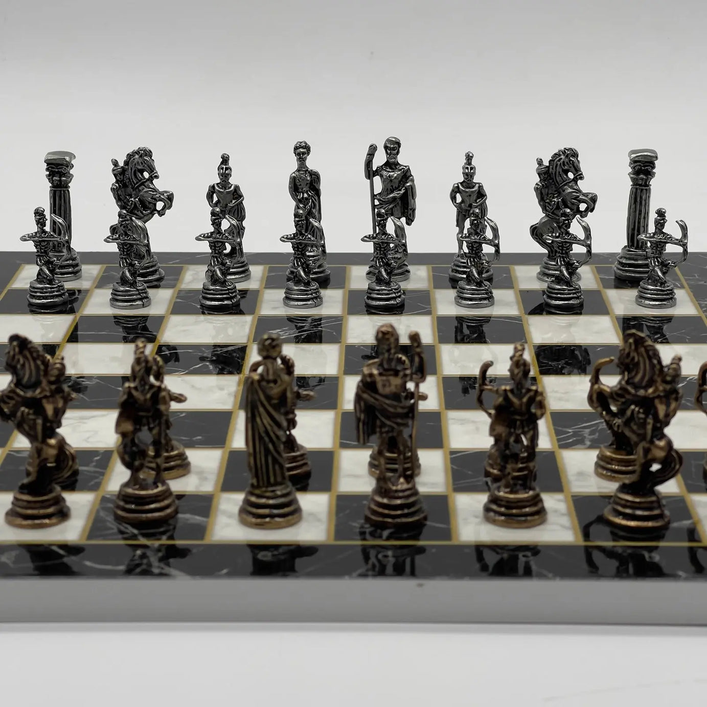 11.8" Black Marble Pattern Chess Set With Crusaders Metal Chess Pieces