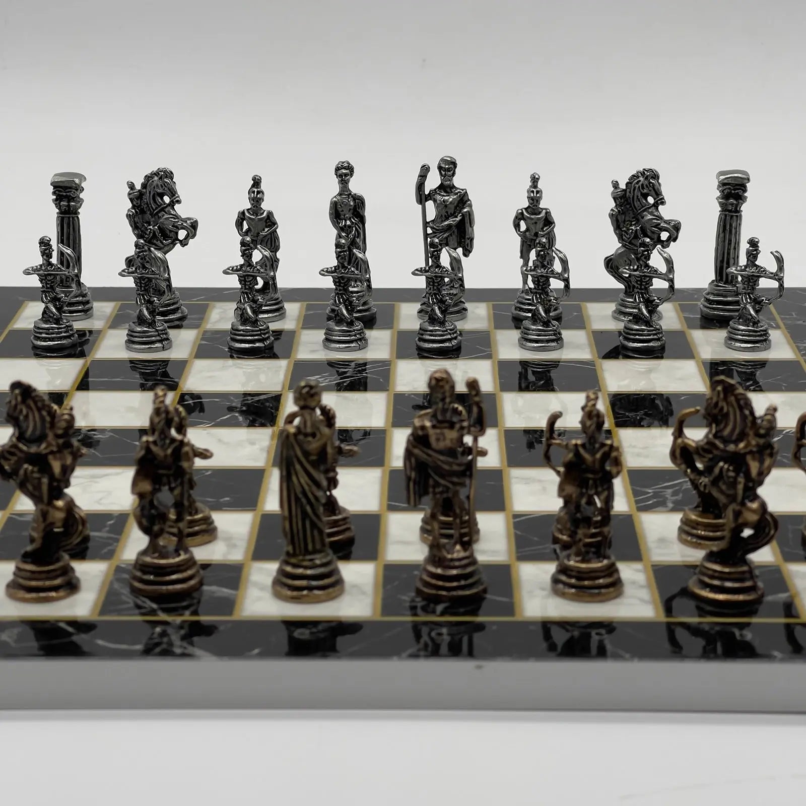 11.8" Black Marble Pattern Chess Set With Crusaders Metal Chess Pieces