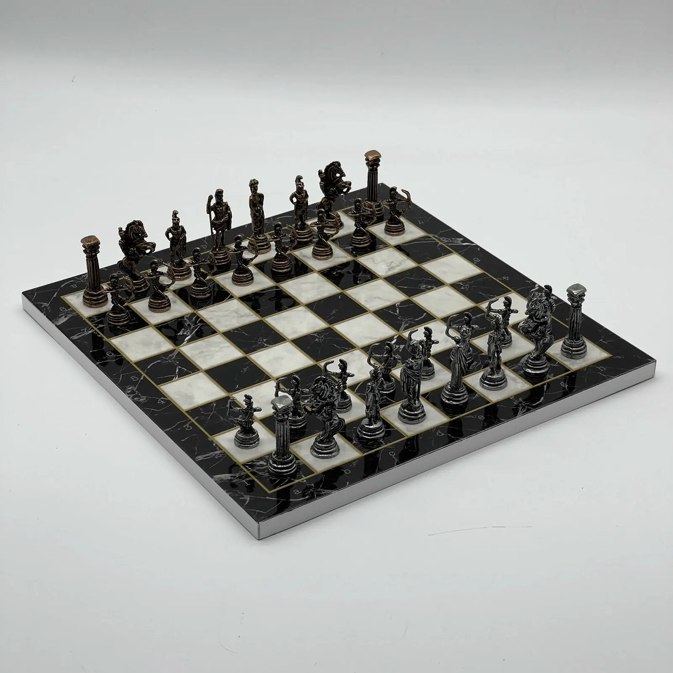 11.8" Black Marble Pattern Chess Set With Crusaders Metal Chess Pieces