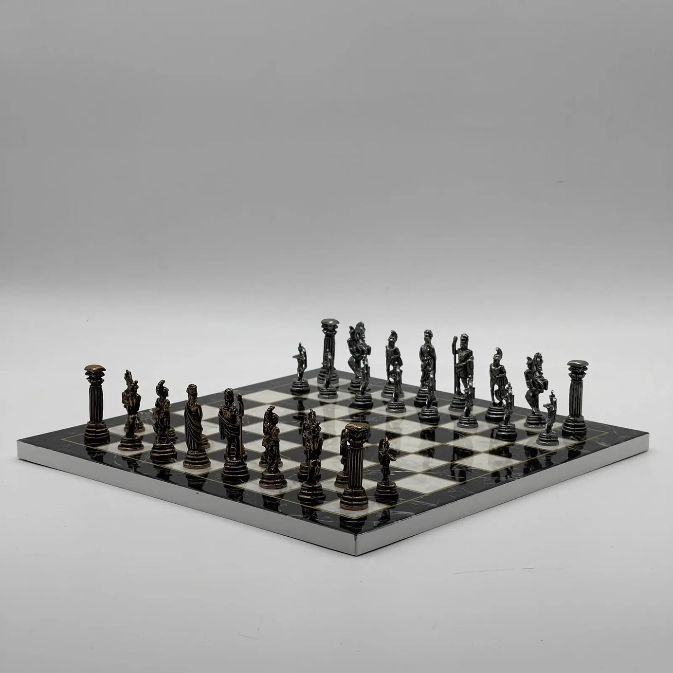 11.8" Black Marble Pattern Chess Set With Crusaders Metal Chess Pieces