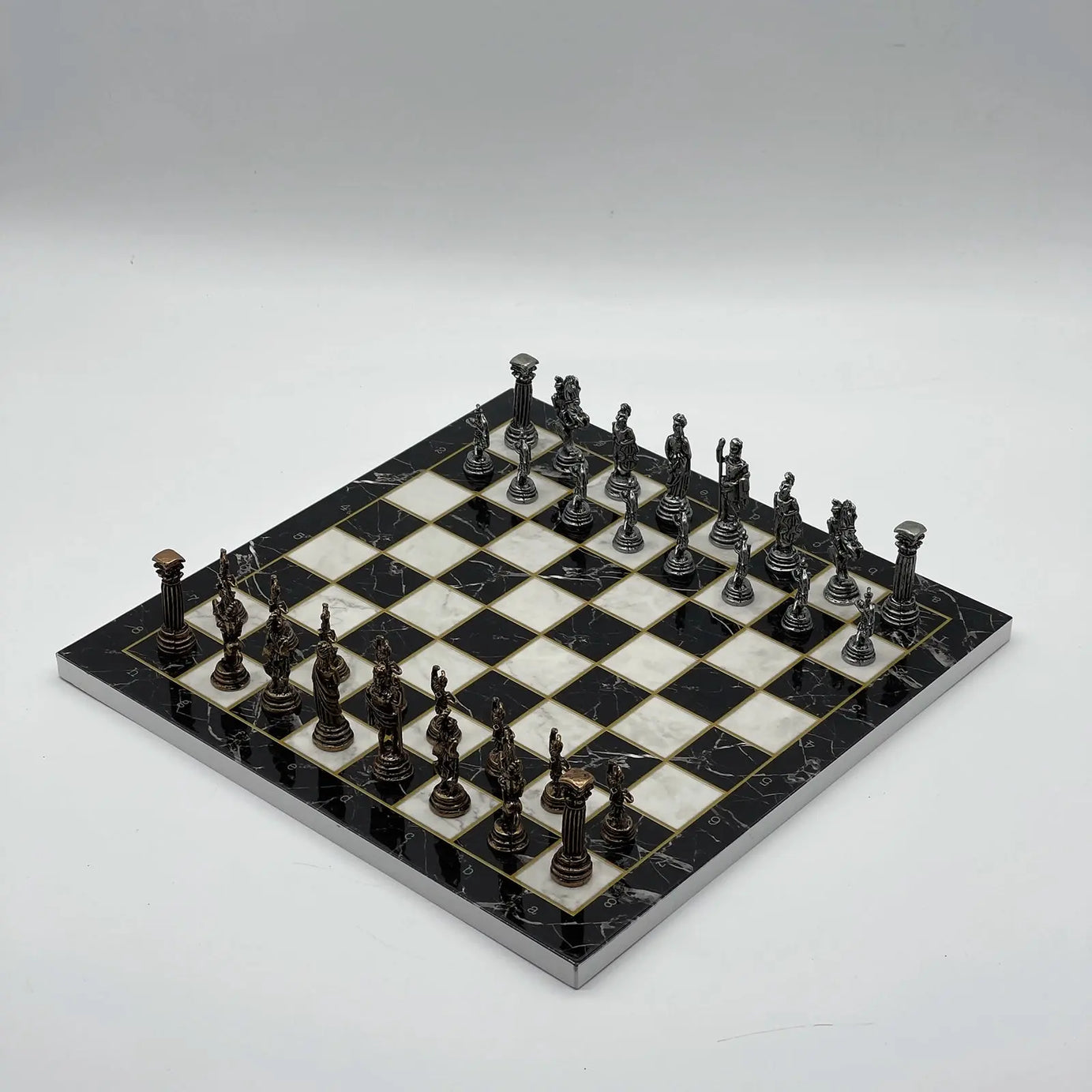 11.8" Black Marble Pattern Chess Set With Crusaders Metal Chess Pieces