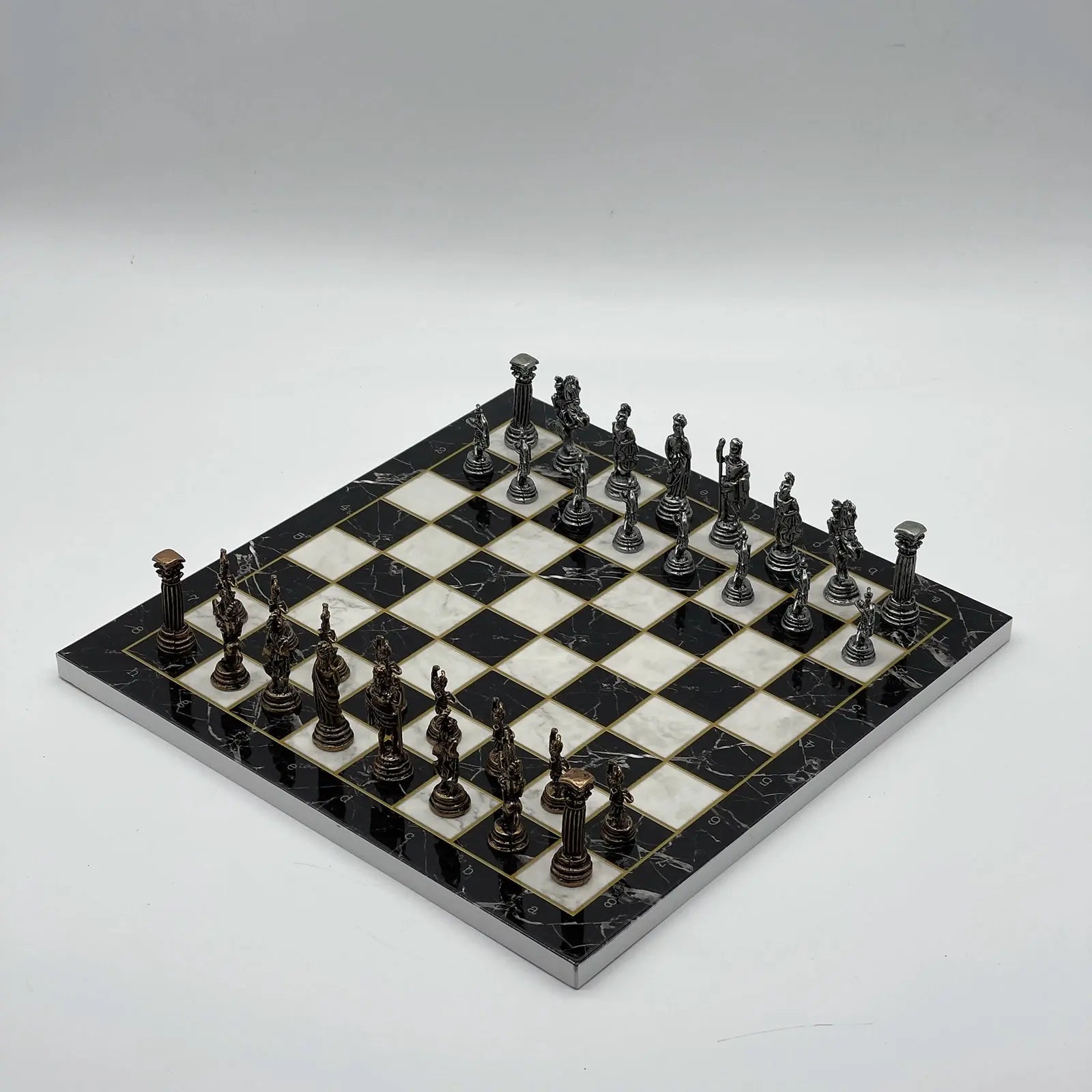 11.8" Black Marble Pattern Chess Set With Crusaders Metal Chess Pieces