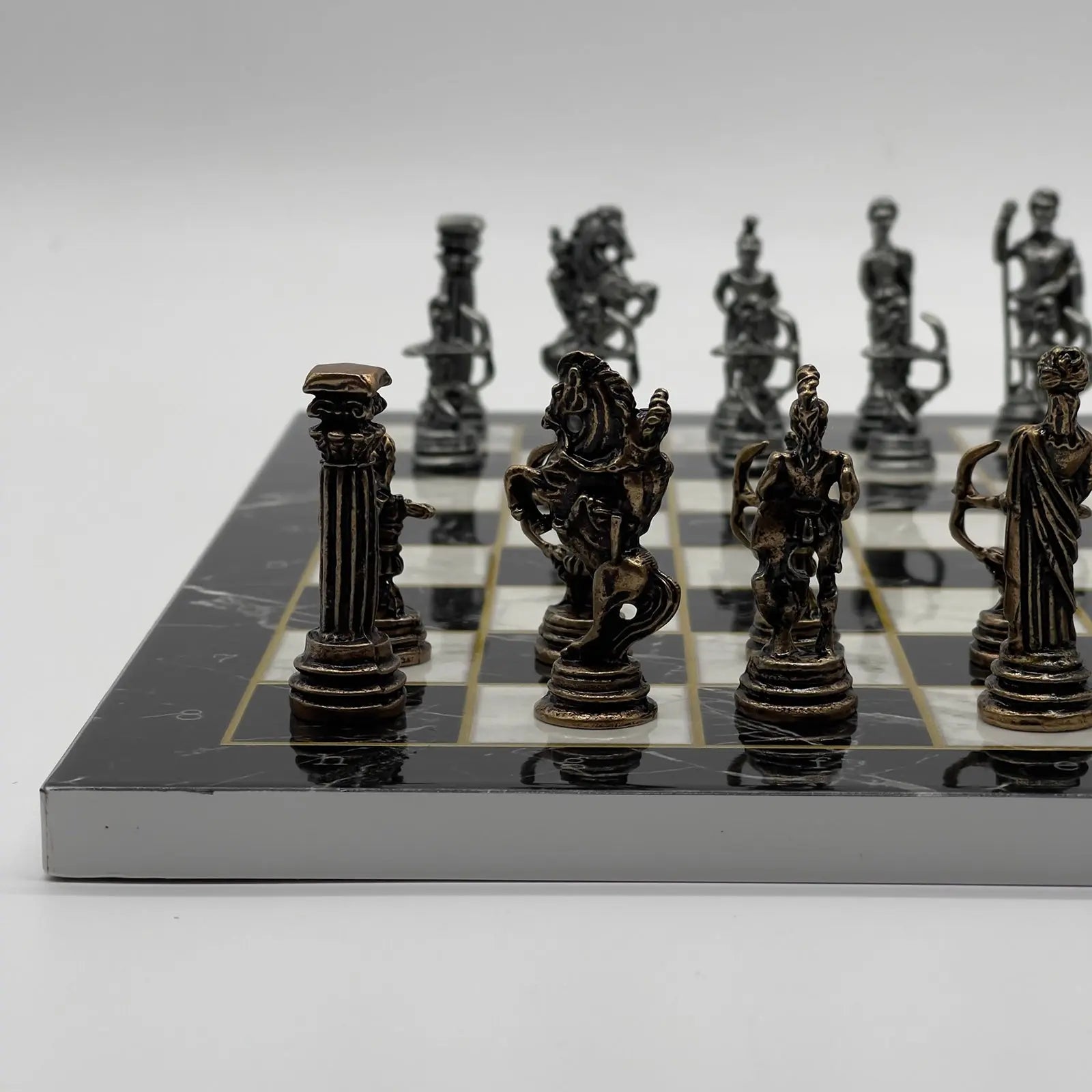 11.8" Black Marble Pattern Chess Set With Crusaders Metal Chess Pieces