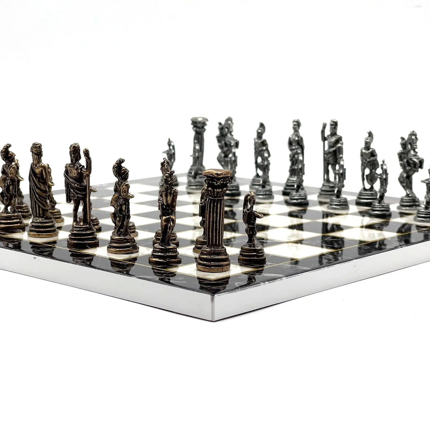 11.8" Black Marble Pattern Chess Set With Crusaders Metal Chess Pieces