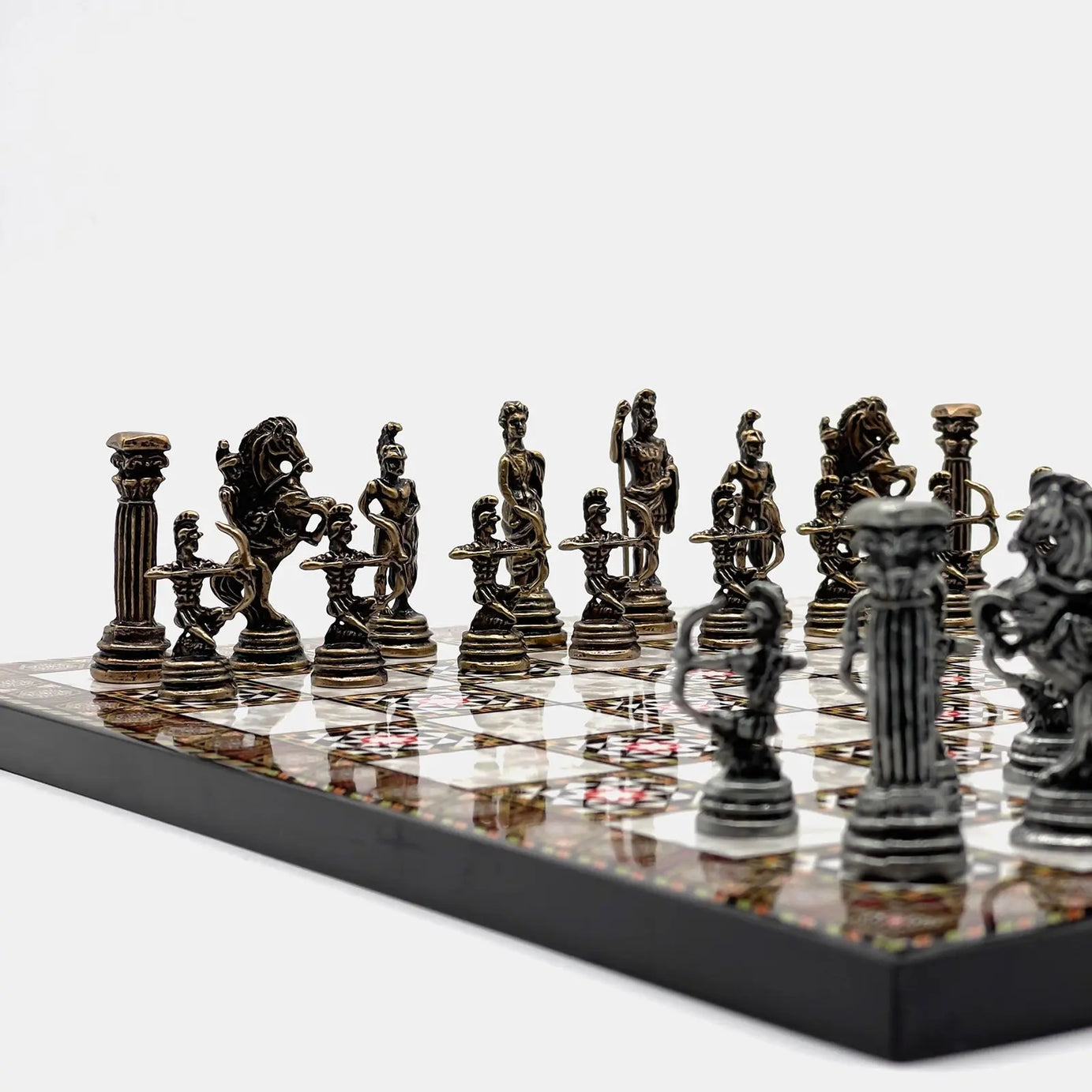 11.8" Mosaic Marble Pattern Chess Set With Crusaders Metal Chess Pieces