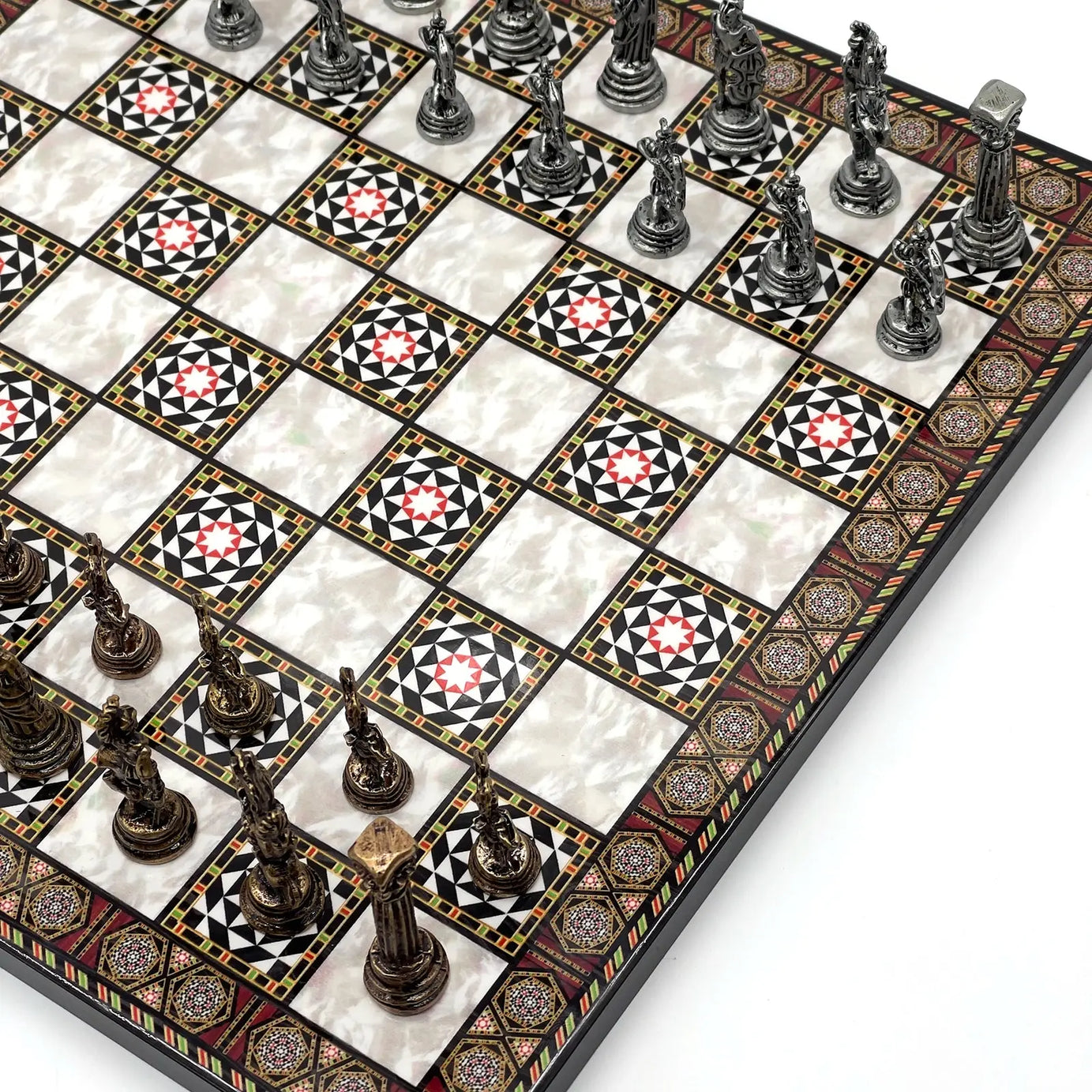 11.8" Mosaic Marble Pattern Chess Set With Crusaders Metal Chess Pieces