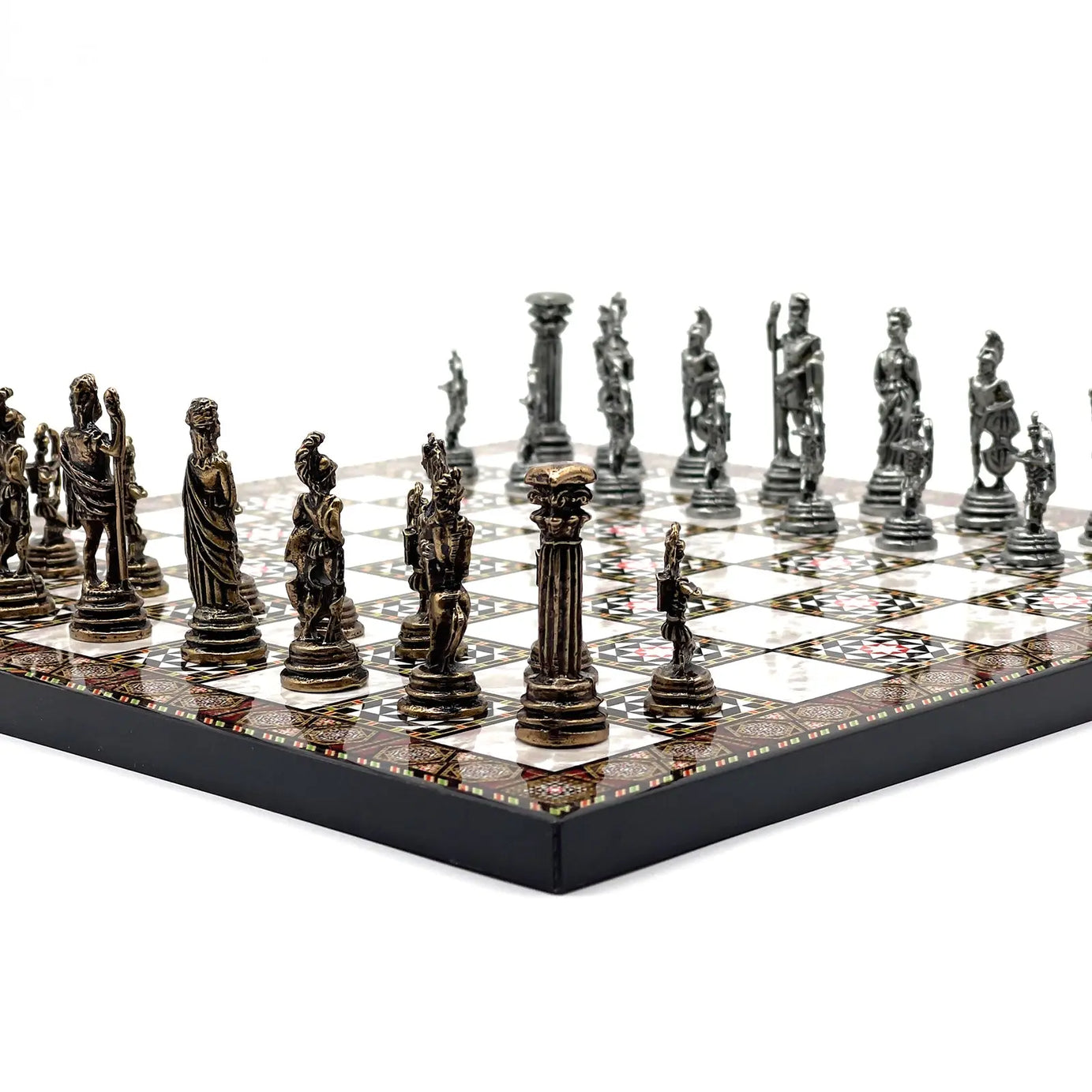 11.8" Mosaic Marble Pattern Chess Set With Crusaders Metal Chess Pieces