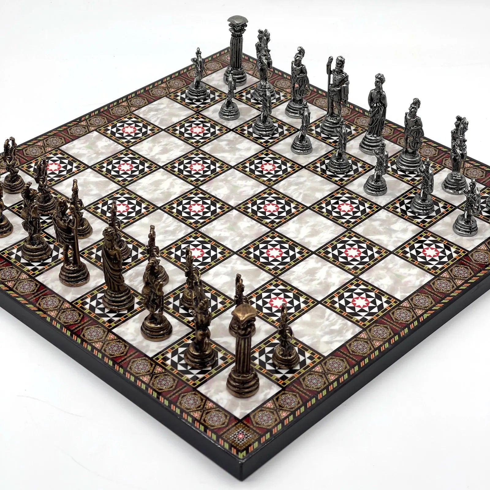 11.8" Mosaic Marble Pattern Chess Set With Crusaders Metal Chess Pieces
