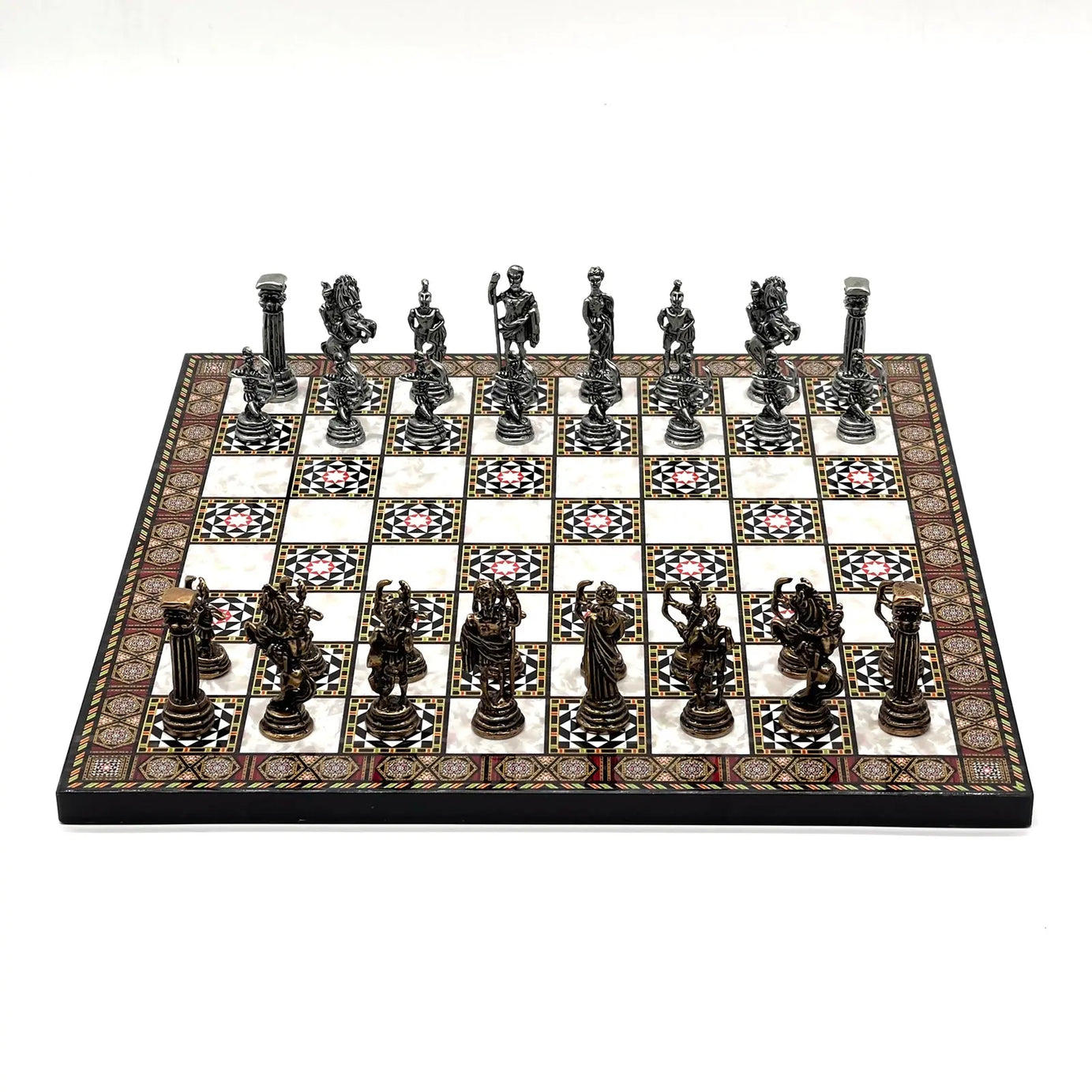11.8" Mosaic Marble Pattern Chess Set With Crusaders Metal Chess Pieces