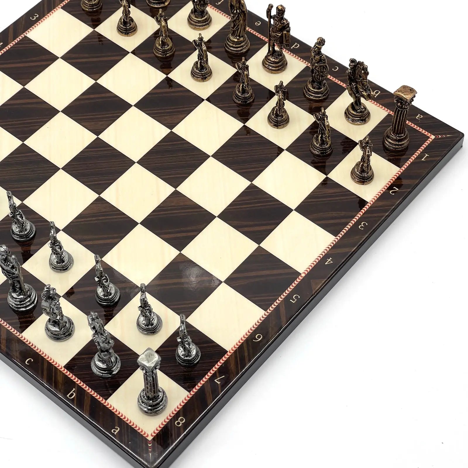 11.8" Brown Walnut Marble Pattern Chess Set With Crusaders Metal Chess Pieces