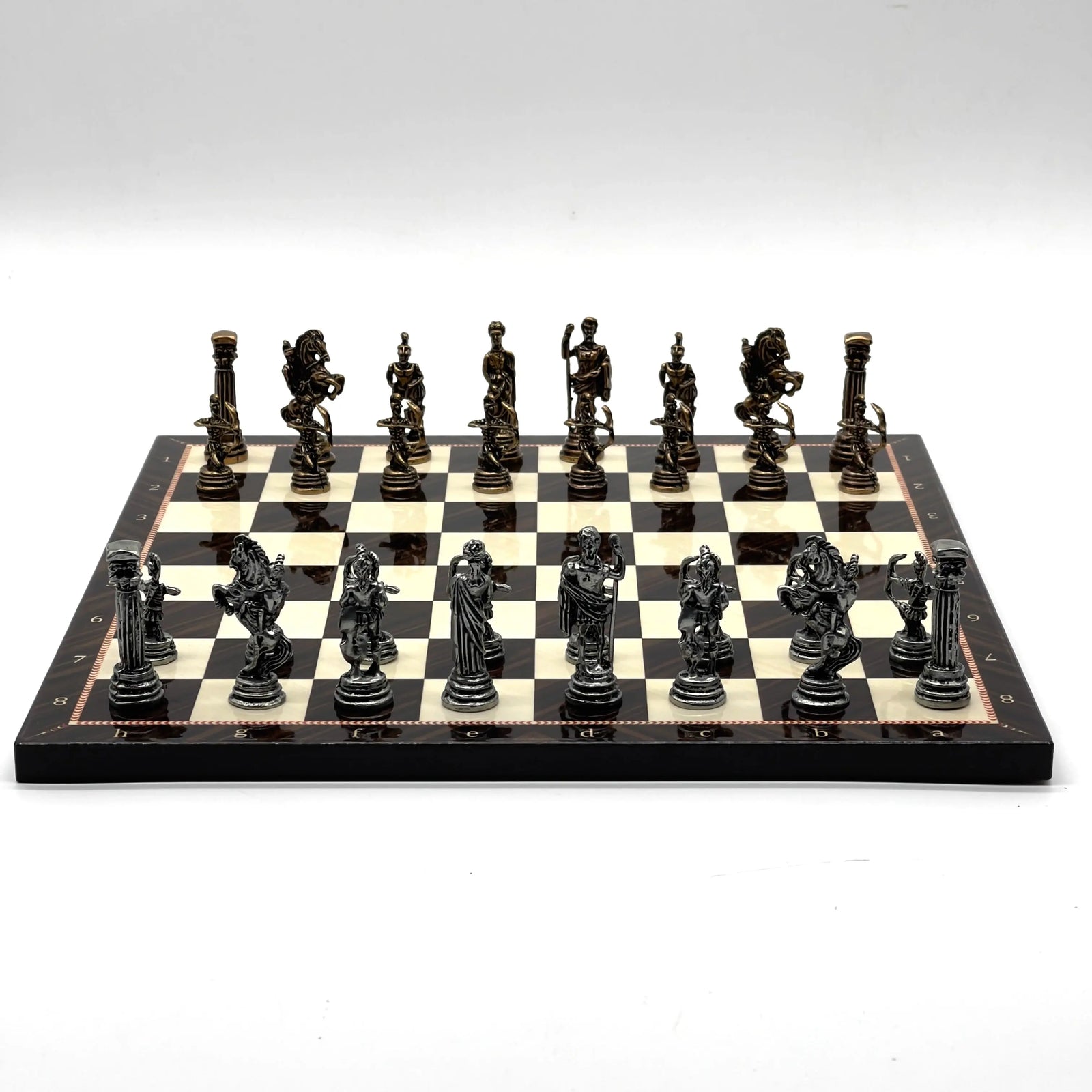 11.8" Brown Walnut Marble Pattern Chess Set With Crusaders Metal Chess Pieces