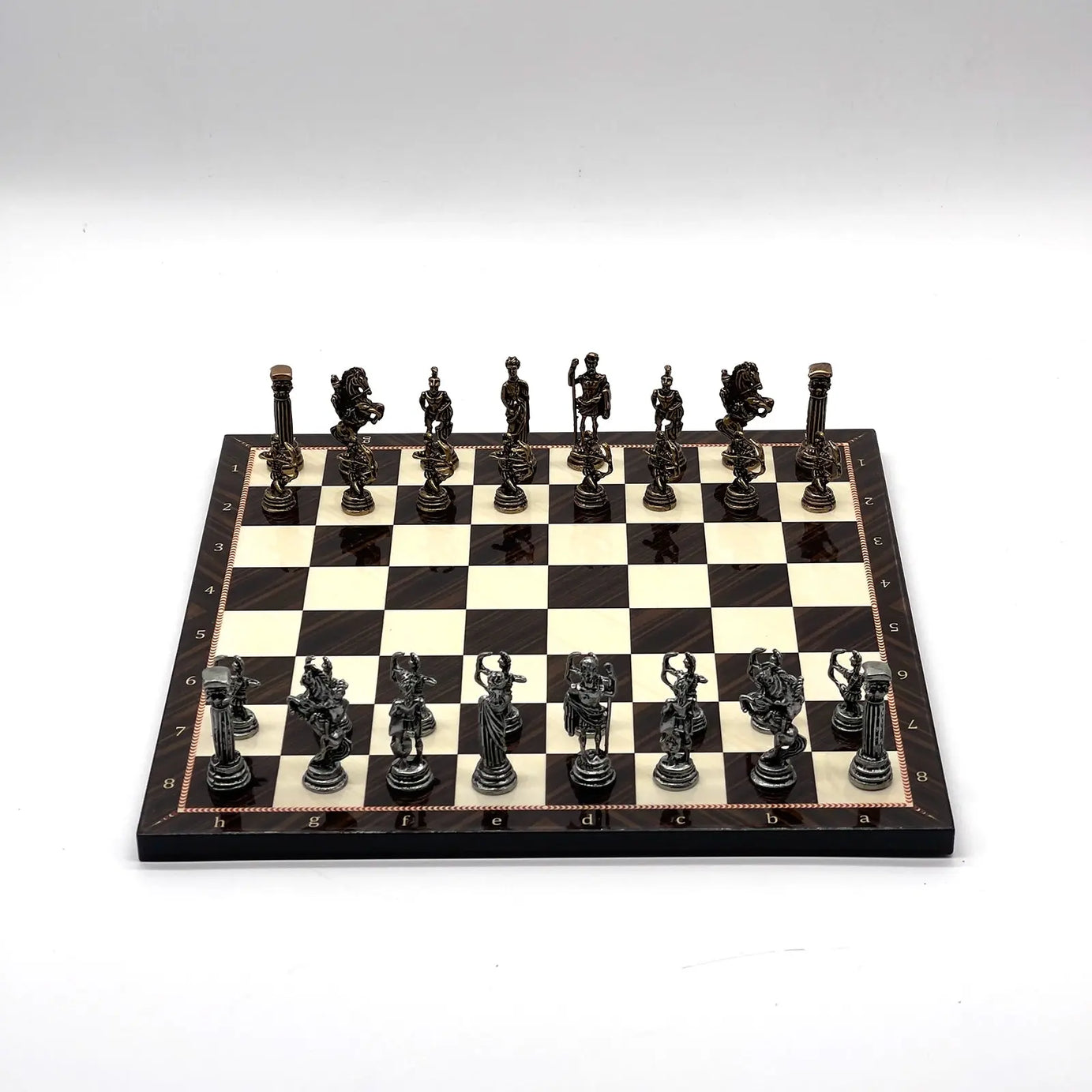 11.8" Brown Walnut Marble Pattern Chess Set With Crusaders Metal Chess Pieces