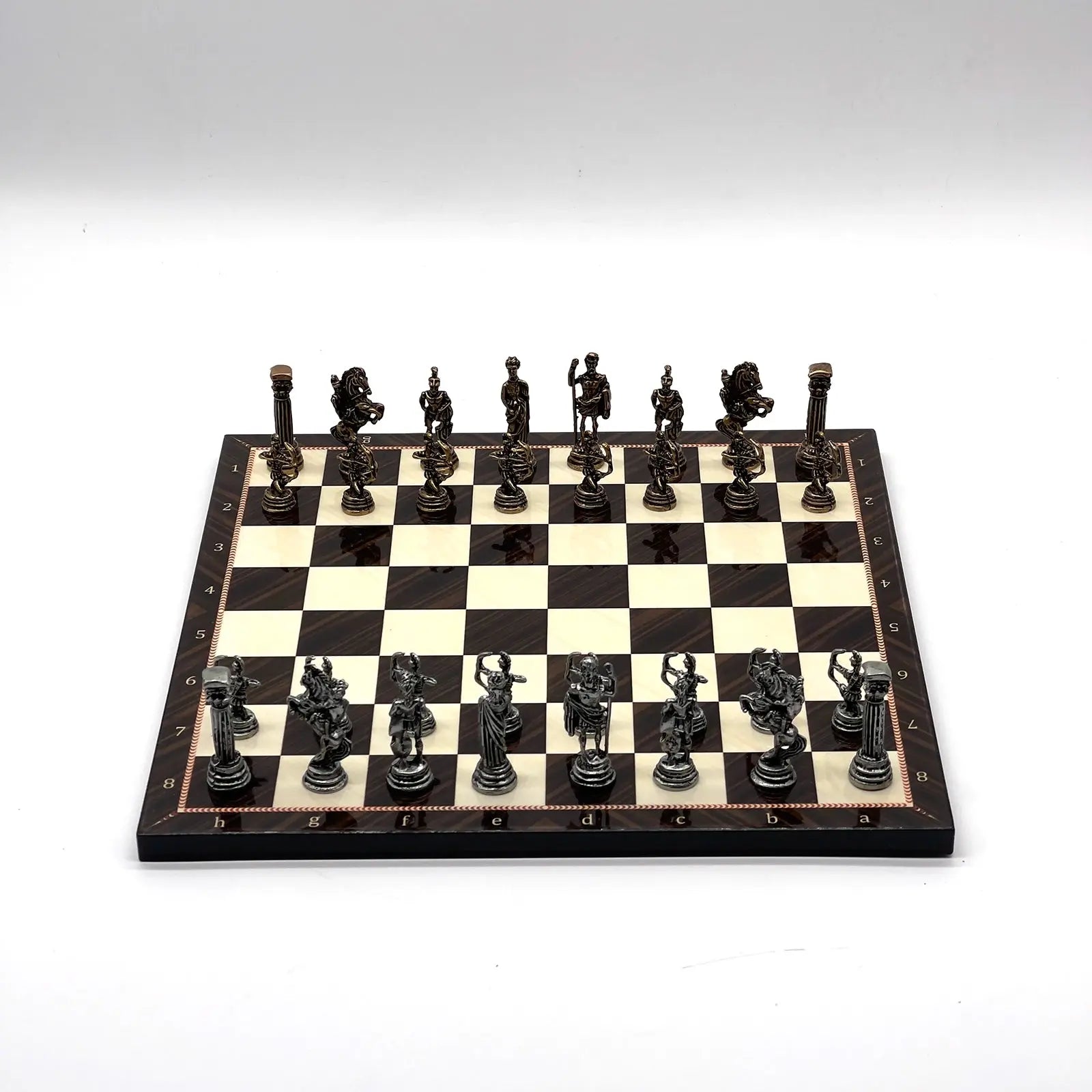 11.8" Brown Walnut Marble Pattern Chess Set With Crusaders Metal Chess Pieces