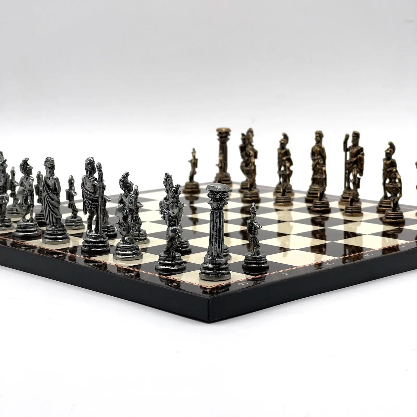 11.8" Brown Walnut Marble Pattern Chess Set With Crusaders Metal Chess Pieces