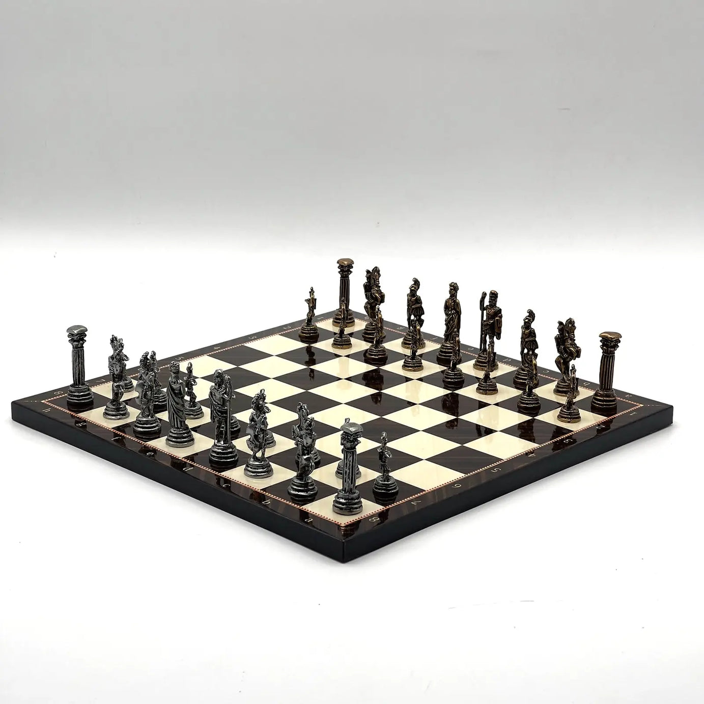 11.8" Brown Walnut Marble Pattern Chess Set With Crusaders Metal Chess Pieces