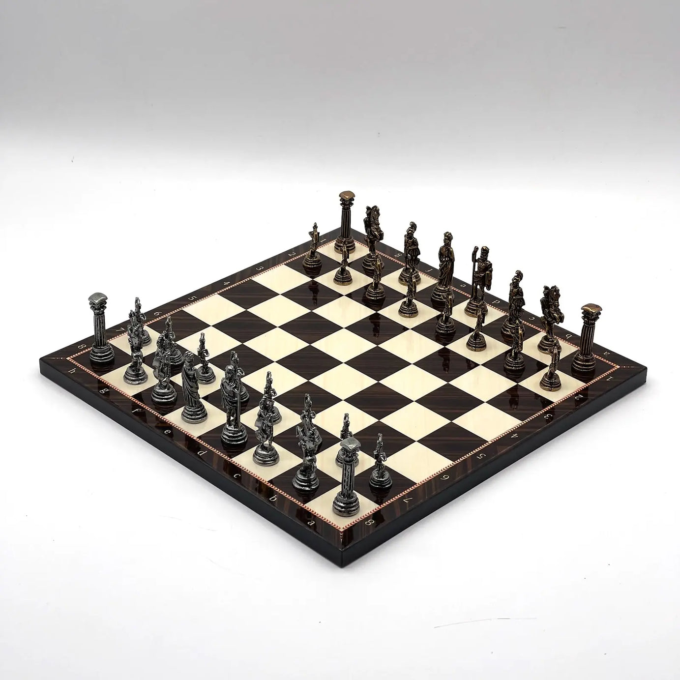 11.8" Brown Walnut Marble Pattern Chess Set With Crusaders Metal Chess Pieces