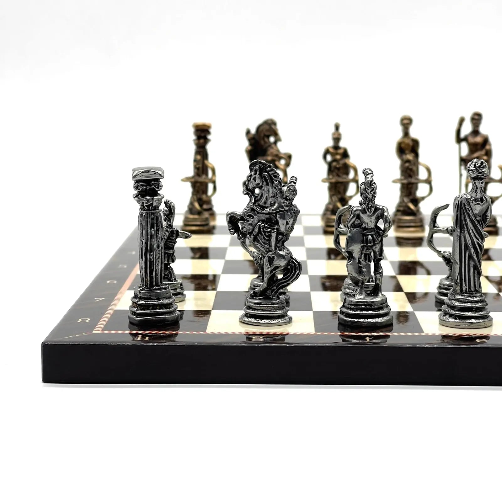 11.8" Brown Walnut Marble Pattern Chess Set With Crusaders Metal Chess Pieces