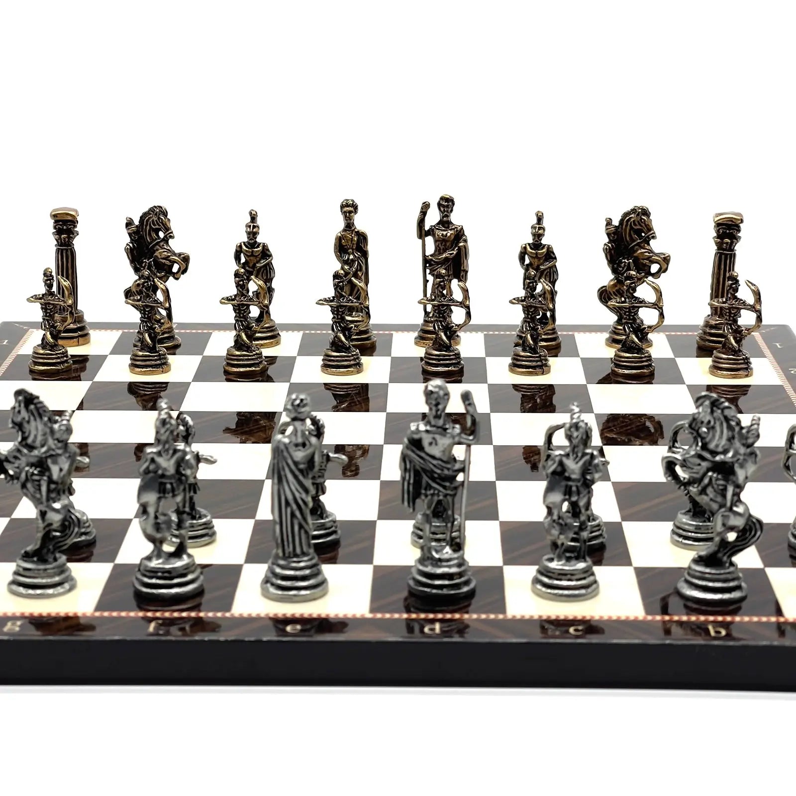 11.8" Brown Walnut Marble Pattern Chess Set With Crusaders Metal Chess Pieces