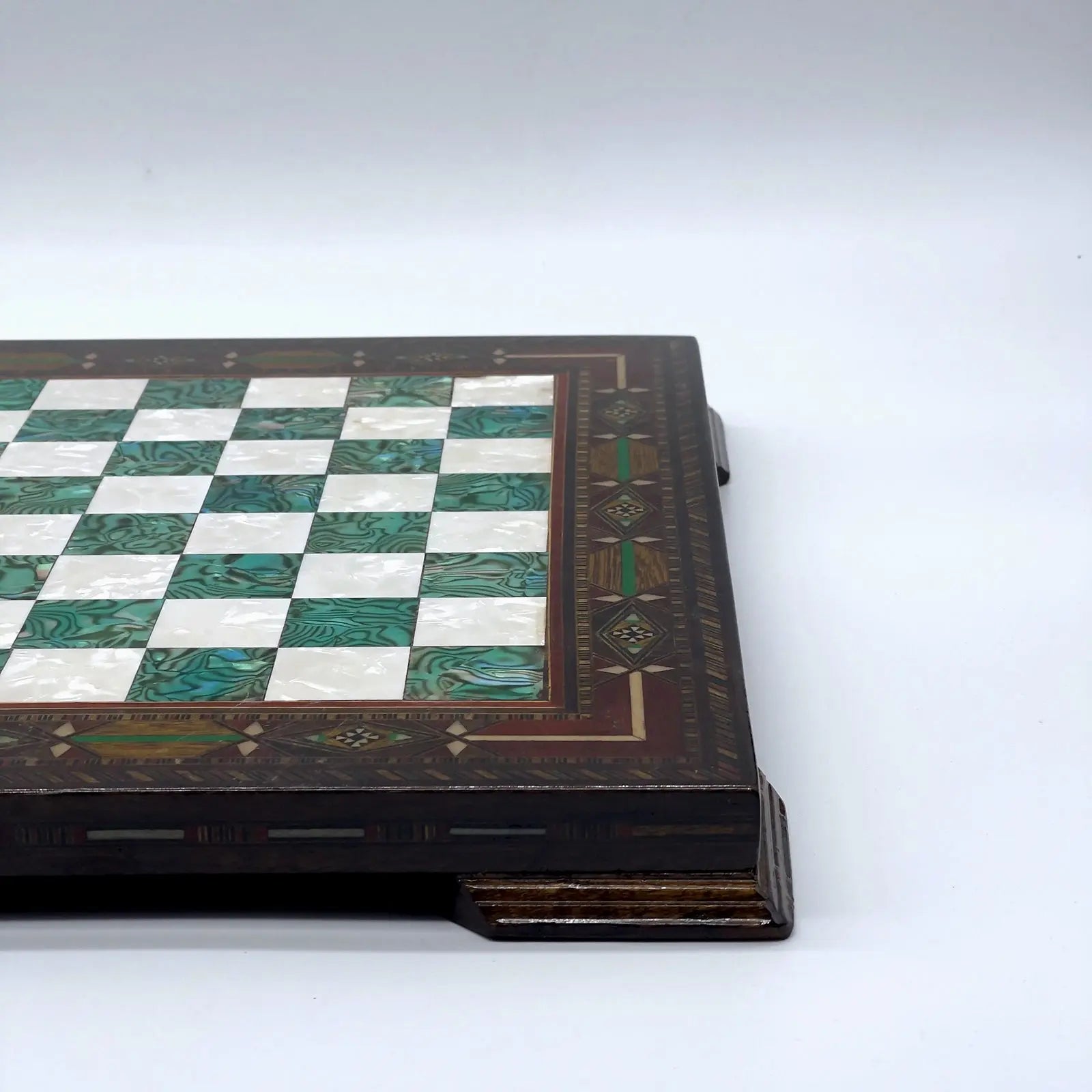 12.9" Handmade Patterned Custom Wooden Turquoise Chess Board With Legs
