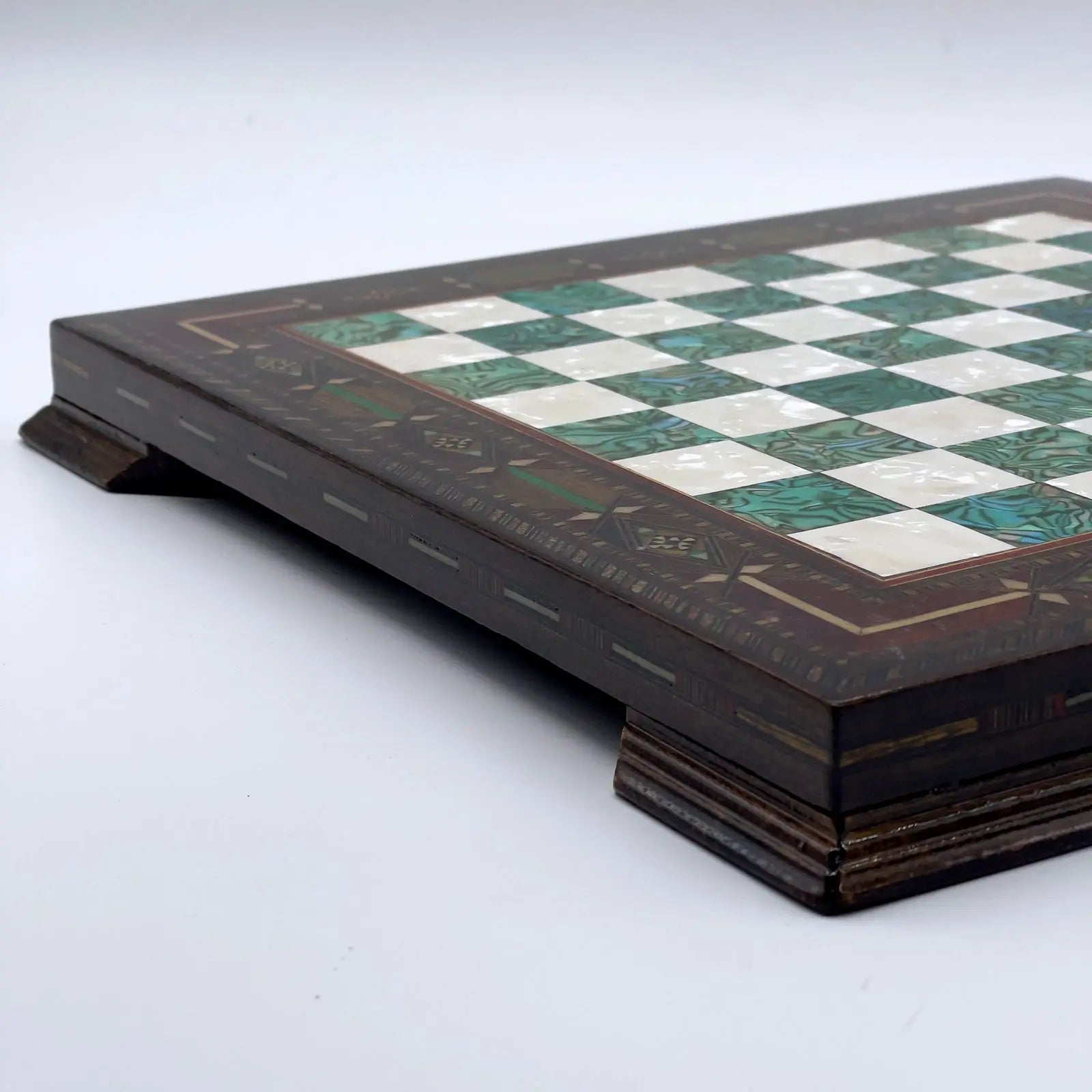 12.9" Handmade Patterned Custom Wooden Turquoise Chess Board With Legs