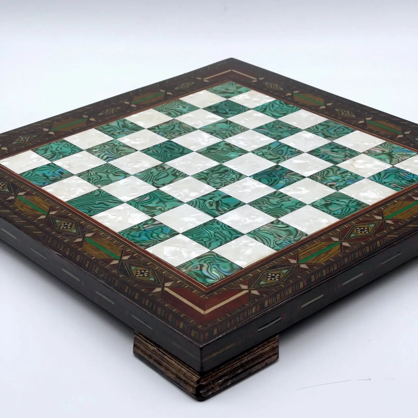 12.9" Handmade Patterned Custom Wooden Turquoise Chess Board With Legs