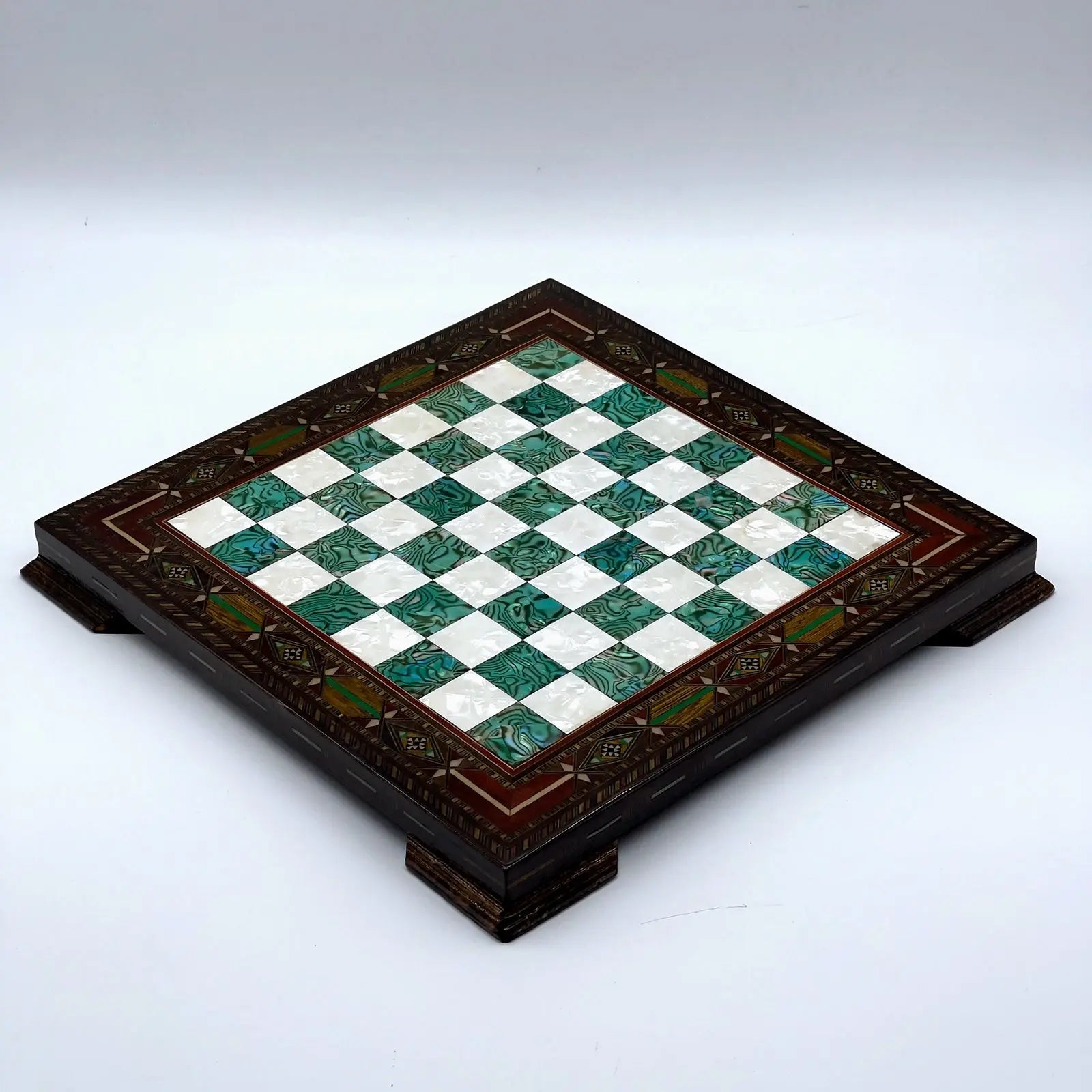 12.9" Handmade Patterned Custom Wooden Turquoise Chess Board With Legs