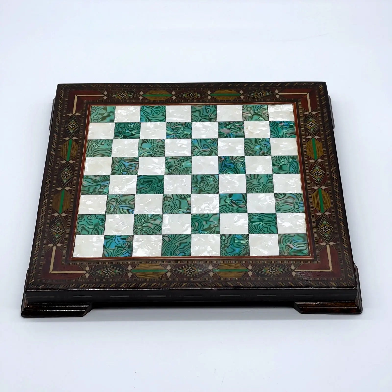 12.9" Handmade Patterned Custom Wooden Turquoise Chess Board With Legs