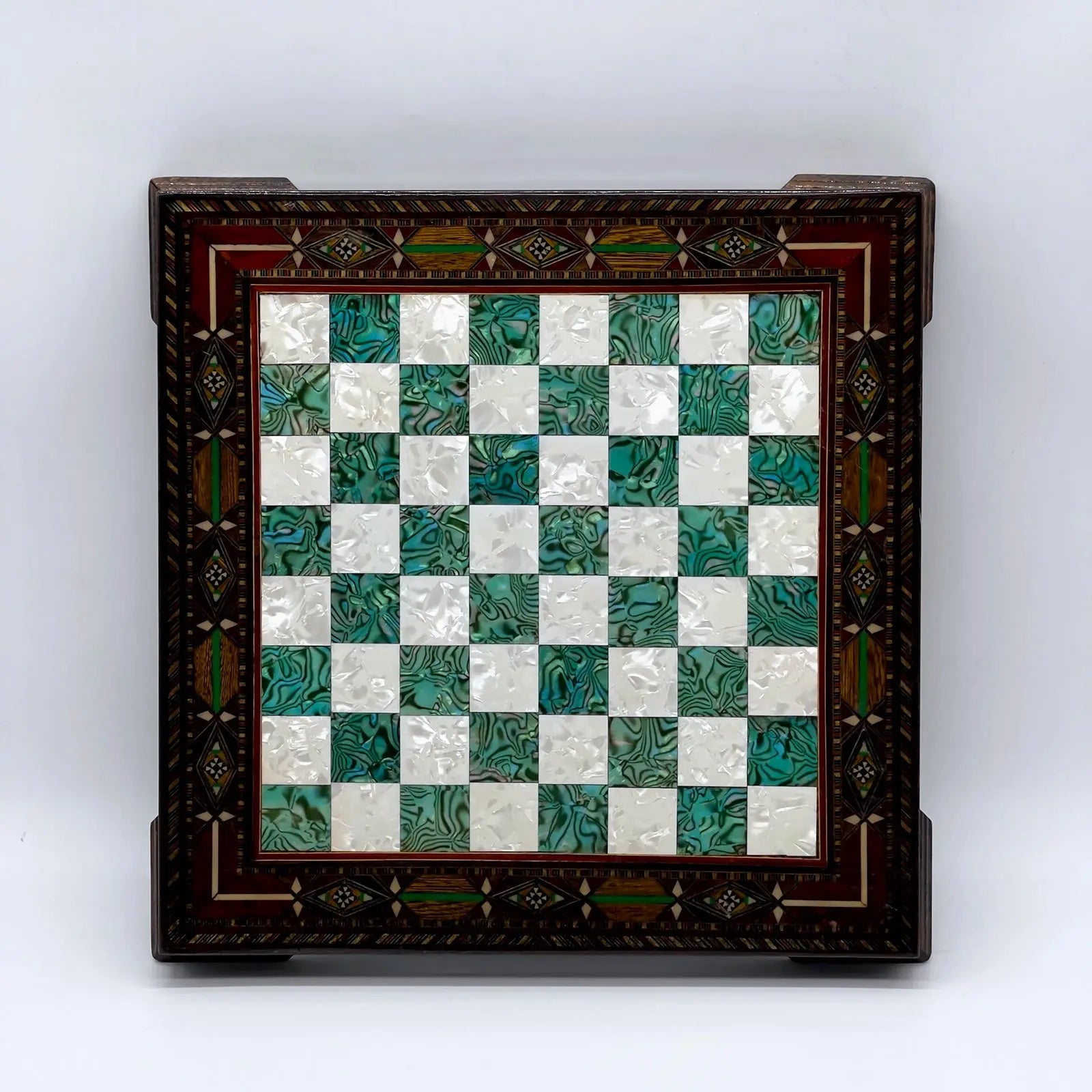 12.9" Handmade Patterned Custom Wooden Turquoise Chess Board With Legs