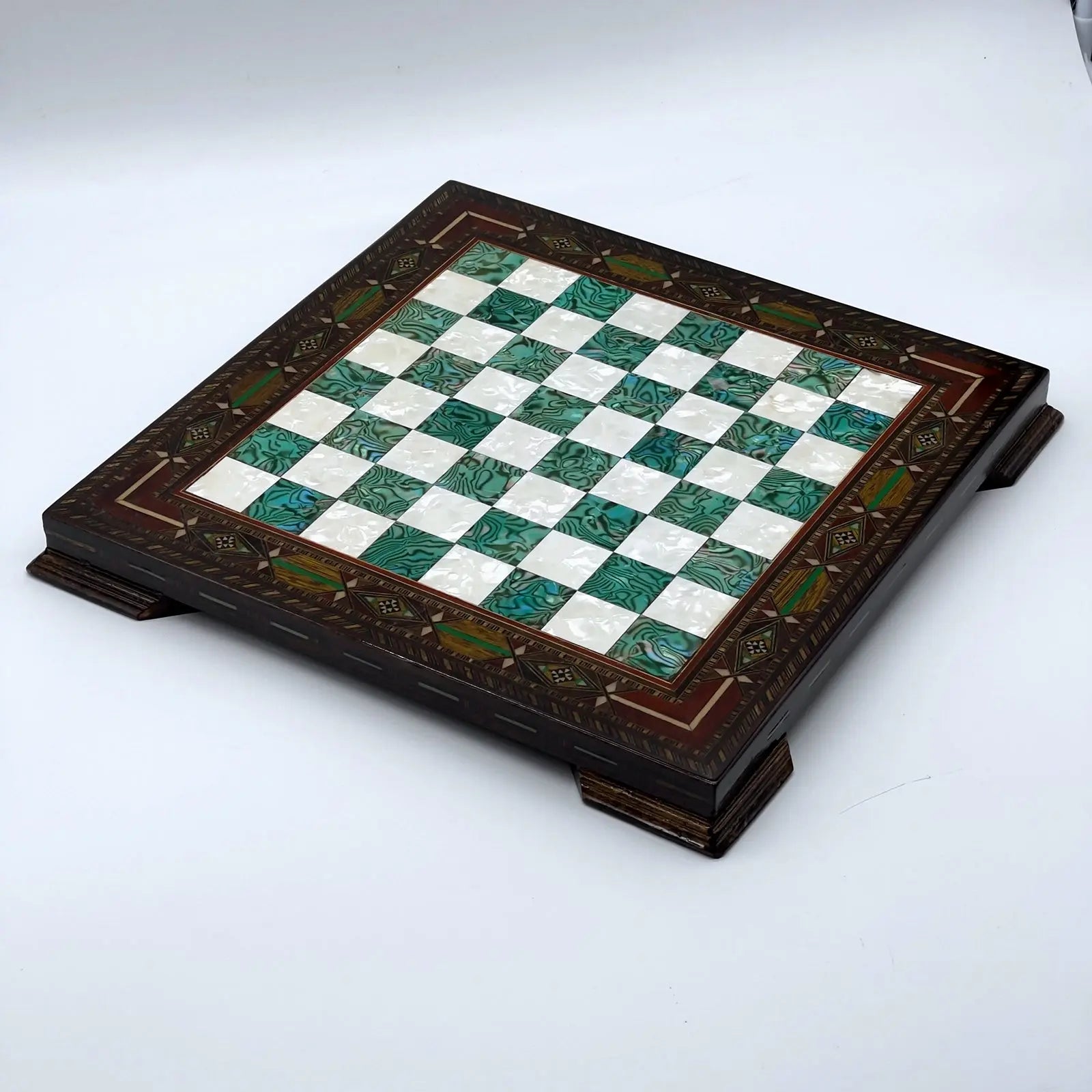 12.9" Handmade Patterned Custom Wooden Turquoise Chess Board With Legs