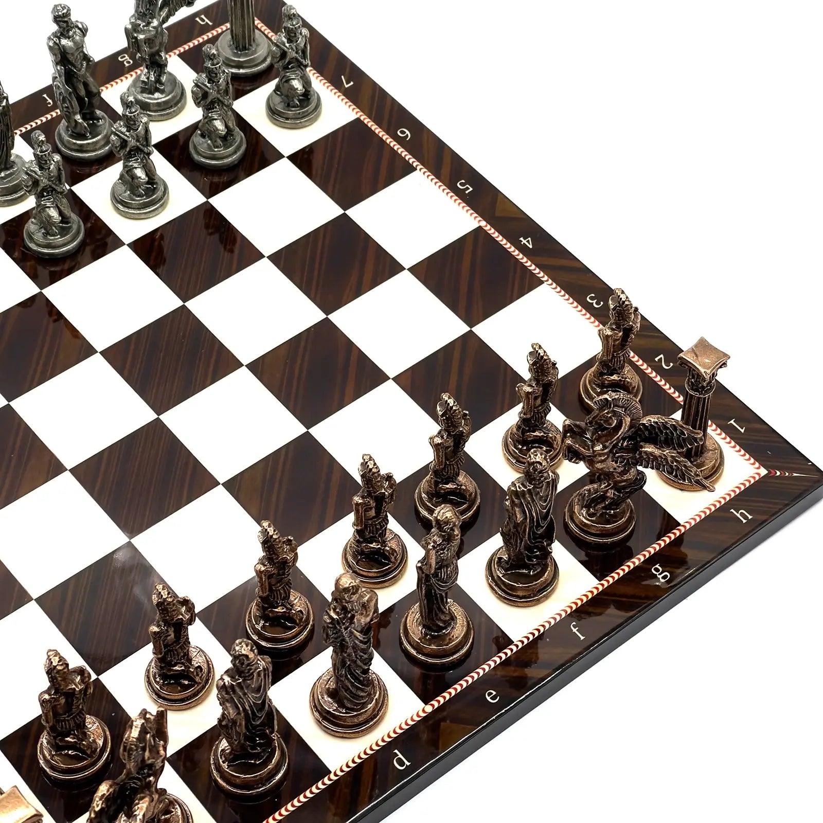 14" Brown Walnut Marble Patterned Chess Set With Pegasus Metal Chess Pieces asyawoodart