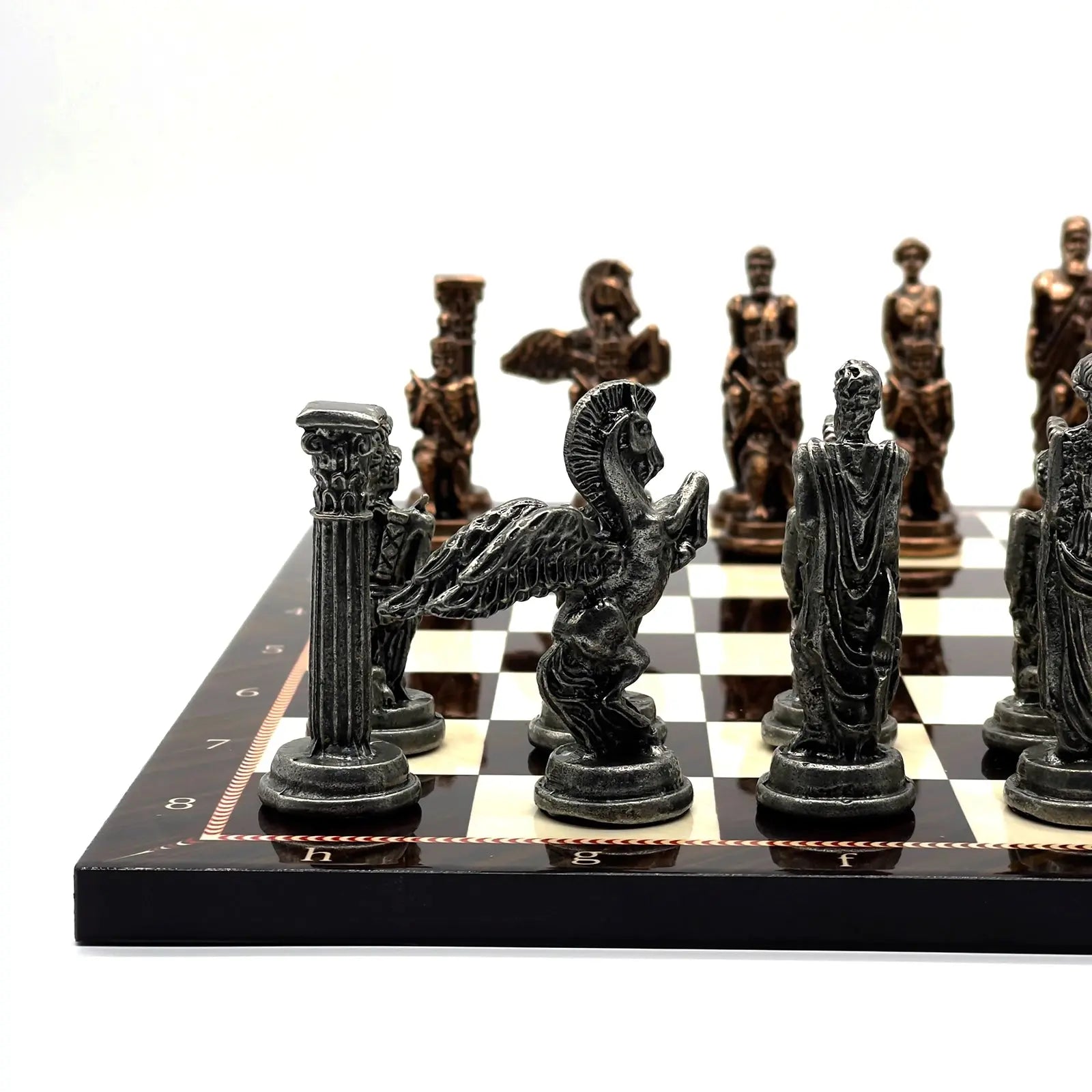 14" Brown Walnut Marble Patterned Chess Set With Pegasus Metal Chess Pieces asyawoodart