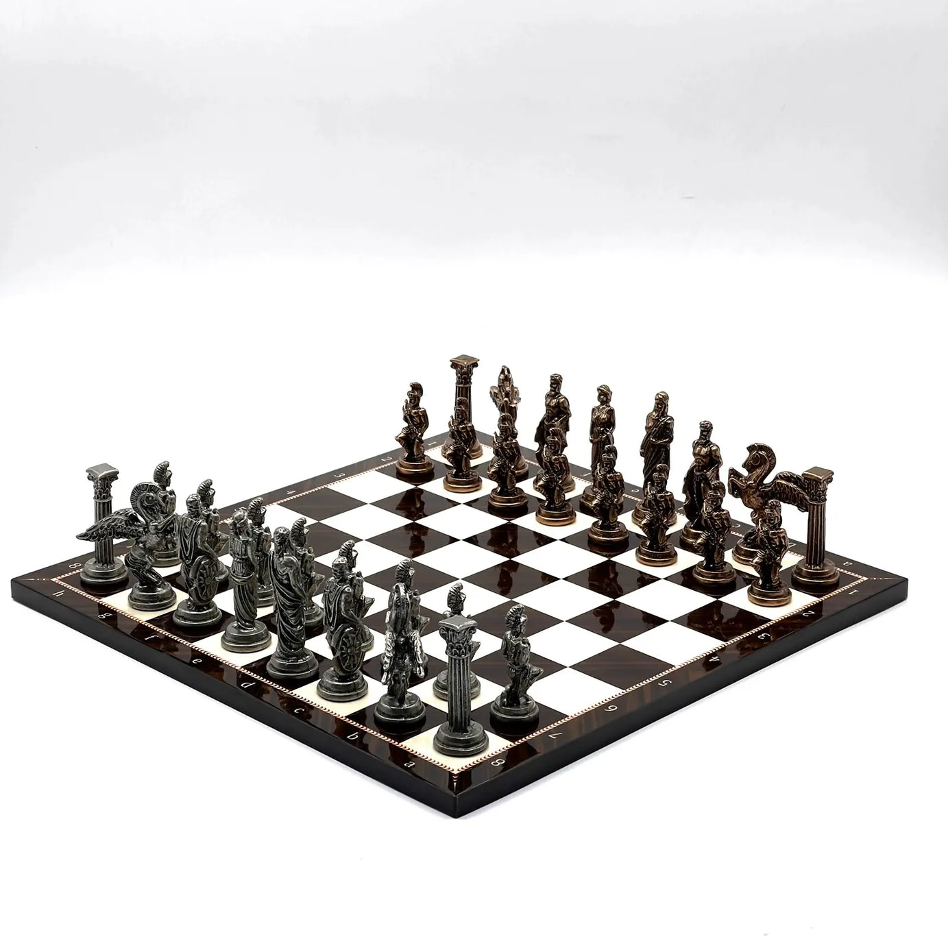 14" Brown Walnut Marble Patterned Chess Set With Pegasus Metal Chess Pieces asyawoodart