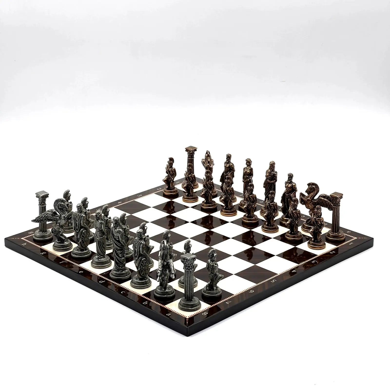 14" Brown Walnut Marble Patterned Chess Set With Pegasus Metal Chess Pieces asyawoodart