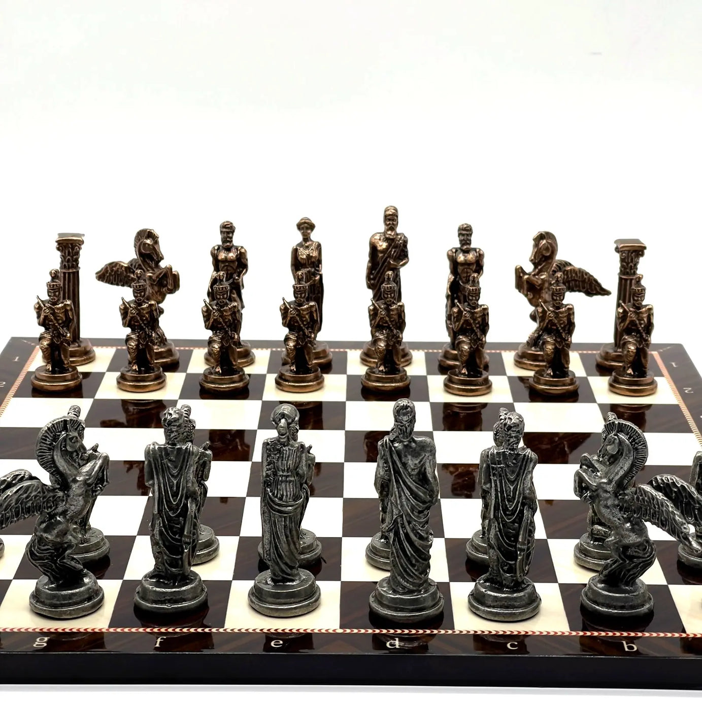 14" Brown Walnut Marble Patterned Chess Set With Pegasus Metal Chess Pieces asyawoodart