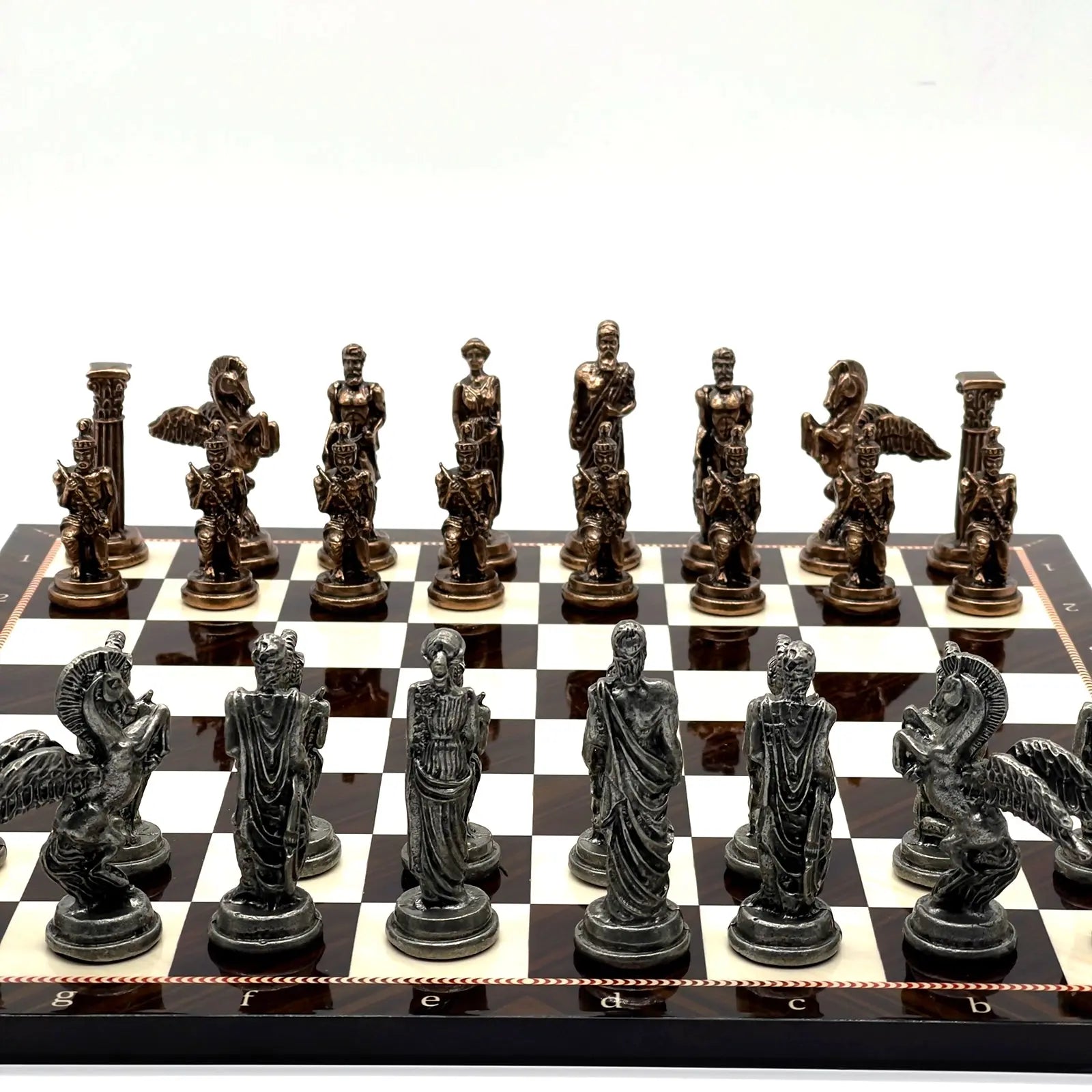14" Brown Walnut Marble Patterned Chess Set With Pegasus Metal Chess Pieces asyawoodart