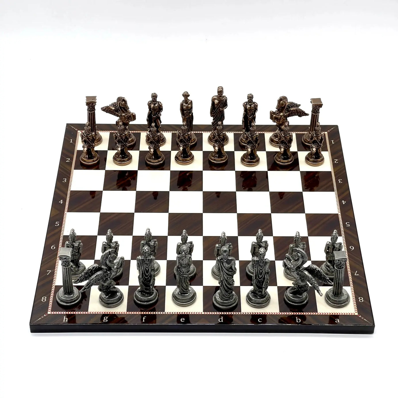 14" Brown Walnut Marble Patterned Chess Set With Pegasus Metal Chess Pieces asyawoodart