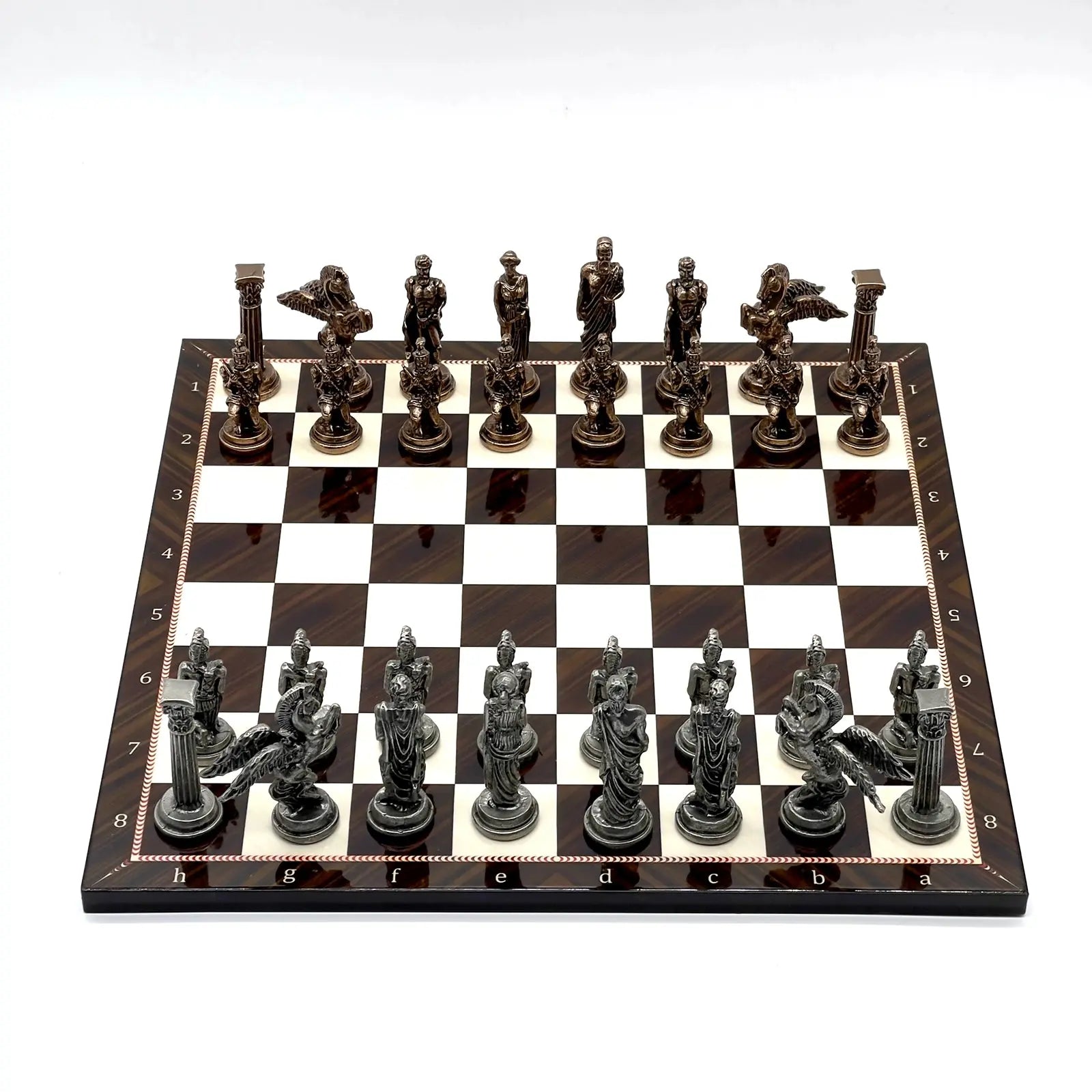 14" Brown Walnut Marble Patterned Chess Set With Pegasus Metal Chess Pieces asyawoodart