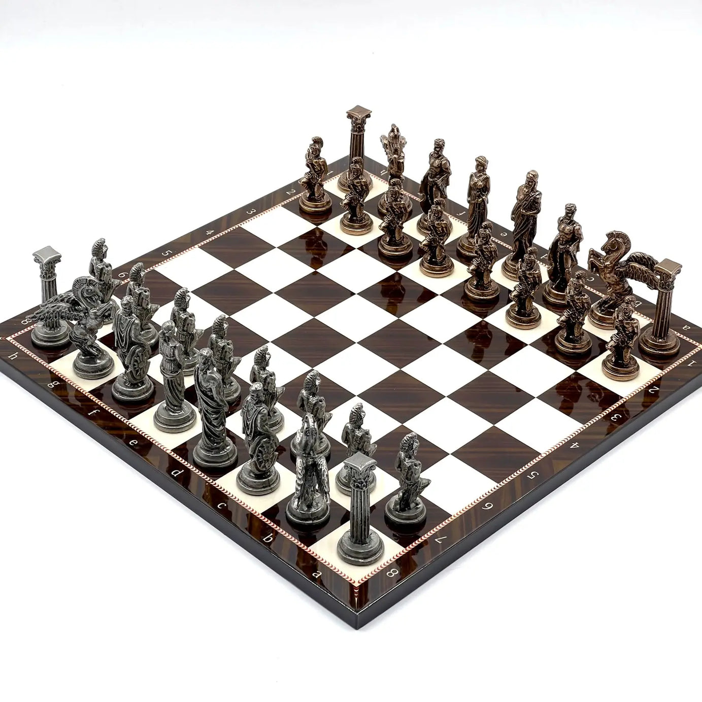 14" Brown Walnut Marble Patterned Chess Set With Pegasus Metal Chess Pieces asyawoodart