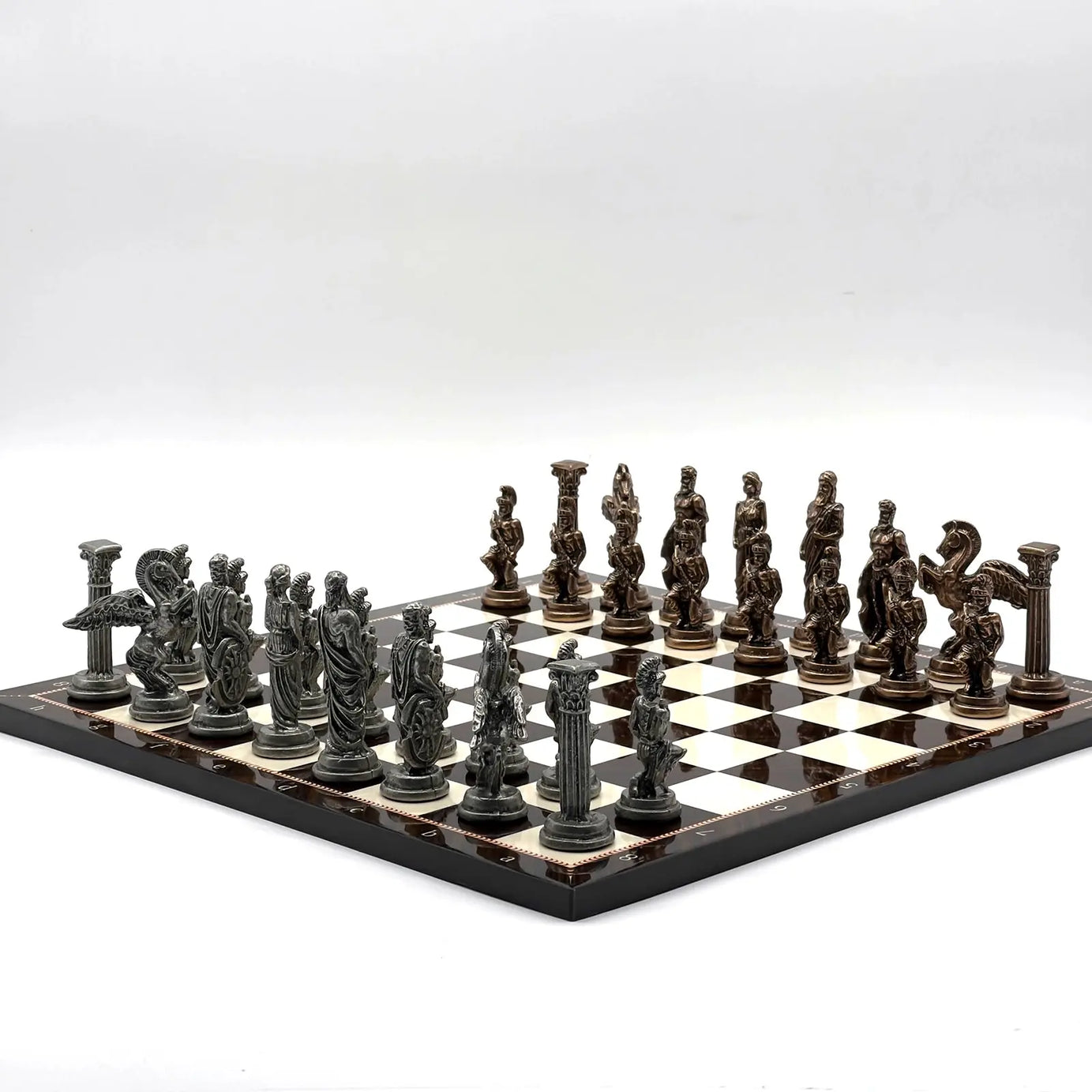 14" Brown Walnut Marble Patterned Chess Set With Pegasus Metal Chess Pieces asyawoodart