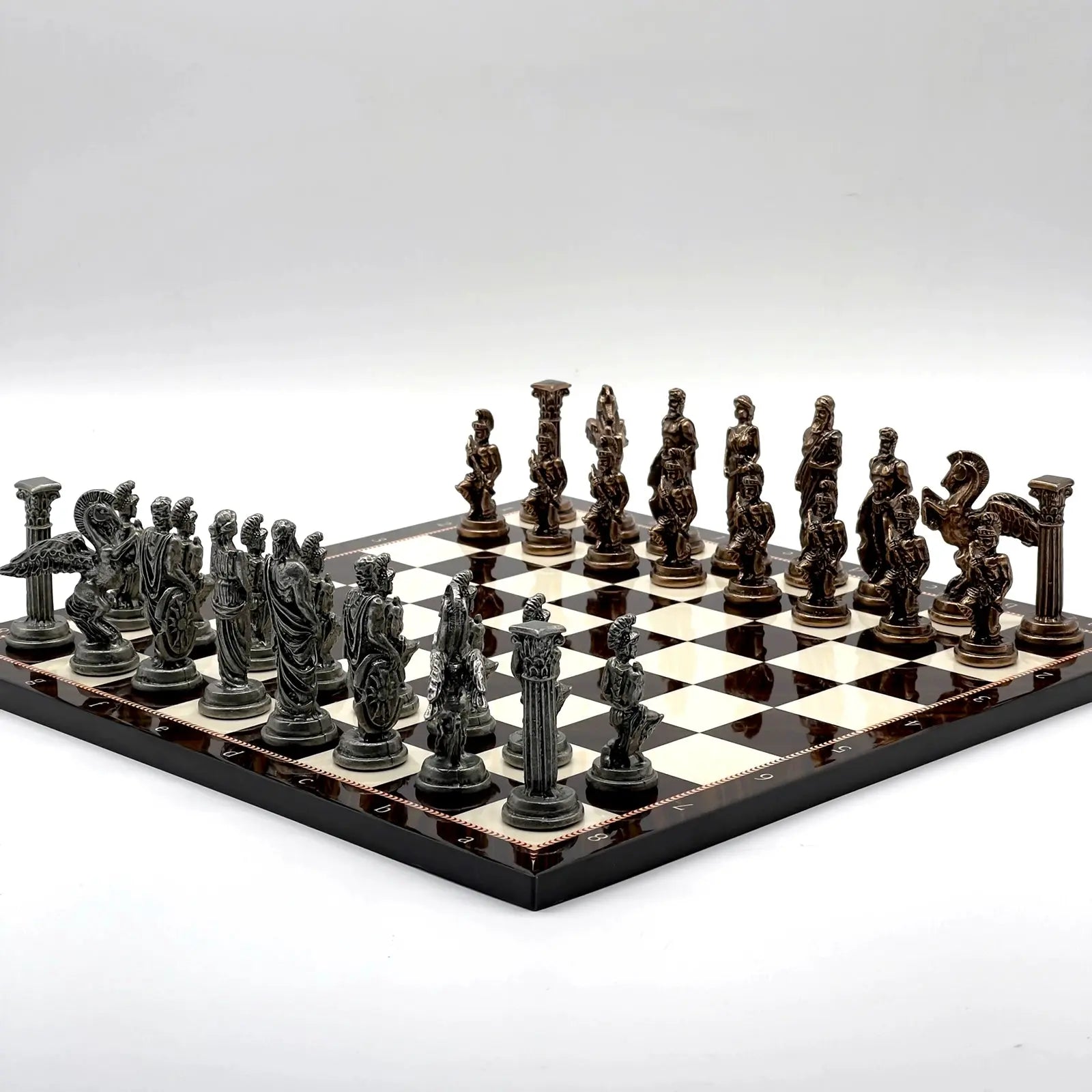 14" Brown Walnut Marble Patterned Chess Set With Pegasus Metal Chess Pieces asyawoodart